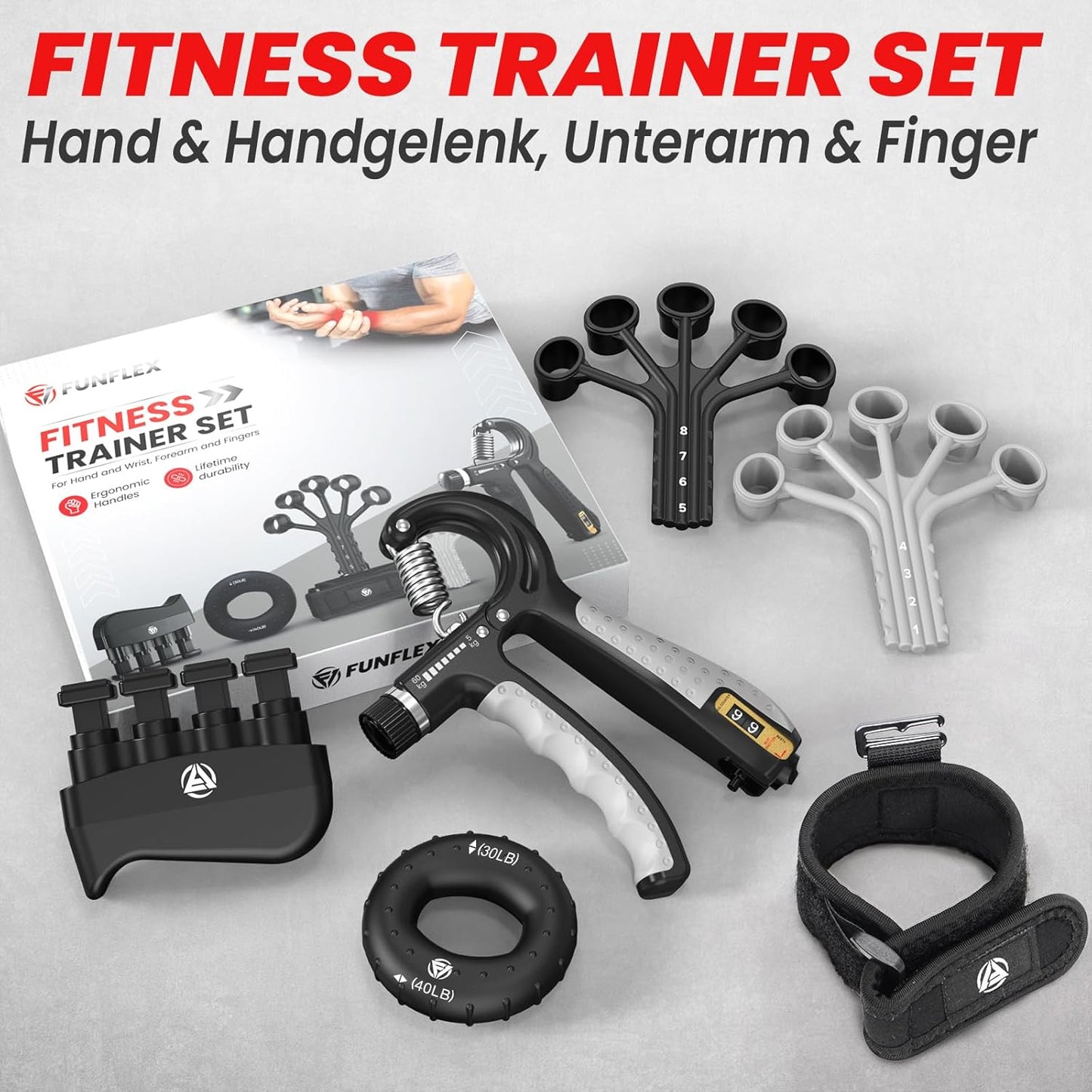Handtrainer Set für Finger- und Unterarmtraining (5-teilig), Grau 5er Set