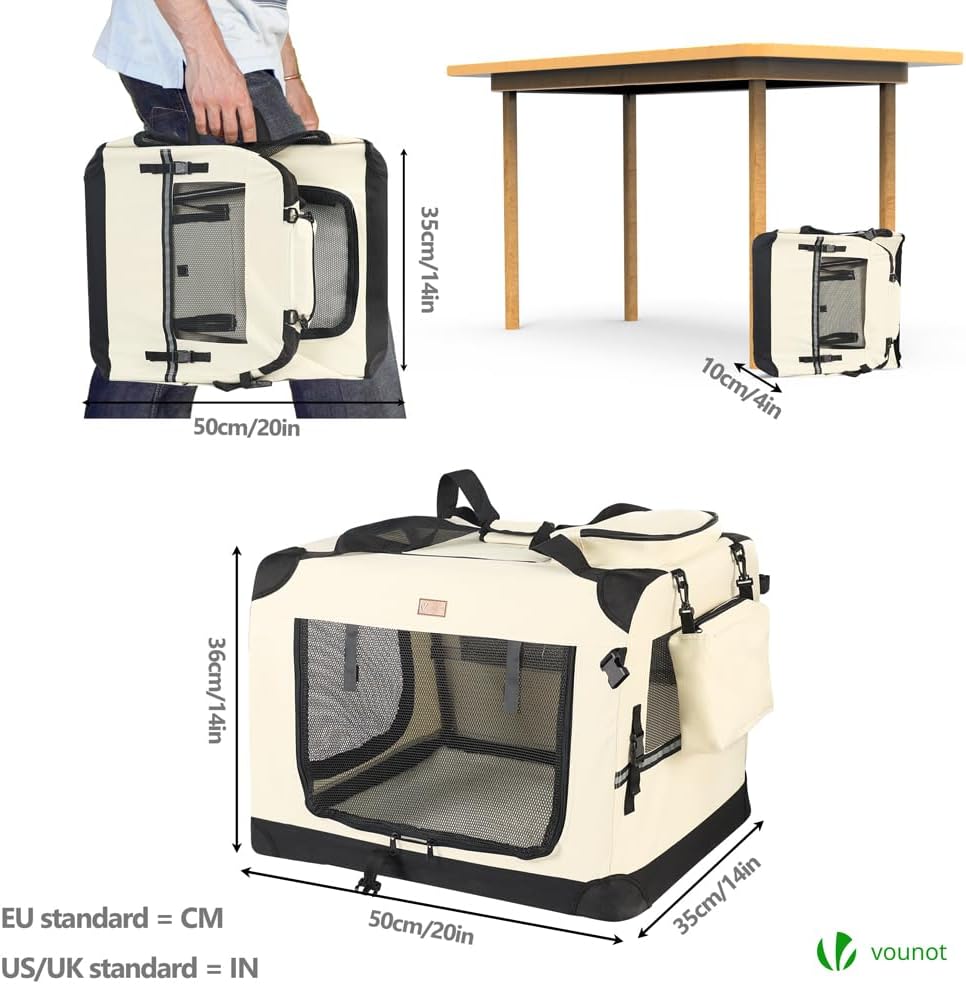 Faltbare Haustier-Transportbox mit Taschen und Tragegriffen, L 50 x B 35 x H 36 cm Beige