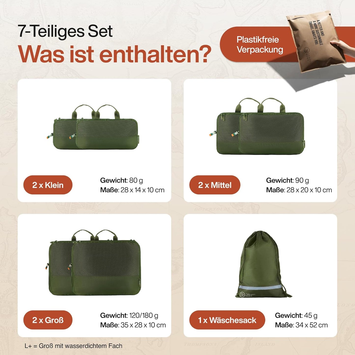 7-teiliges Packwürfel-Set, 7-teiliges Set Wald Grün