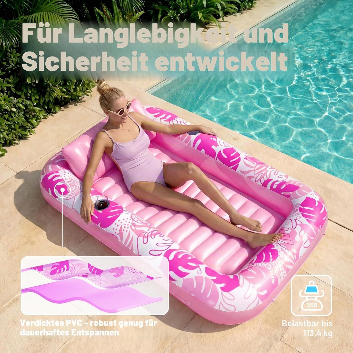 Aufblasbarer 4-in-1 Sonnenliegepool mit Kissen und Getränkehalter, Rosa L