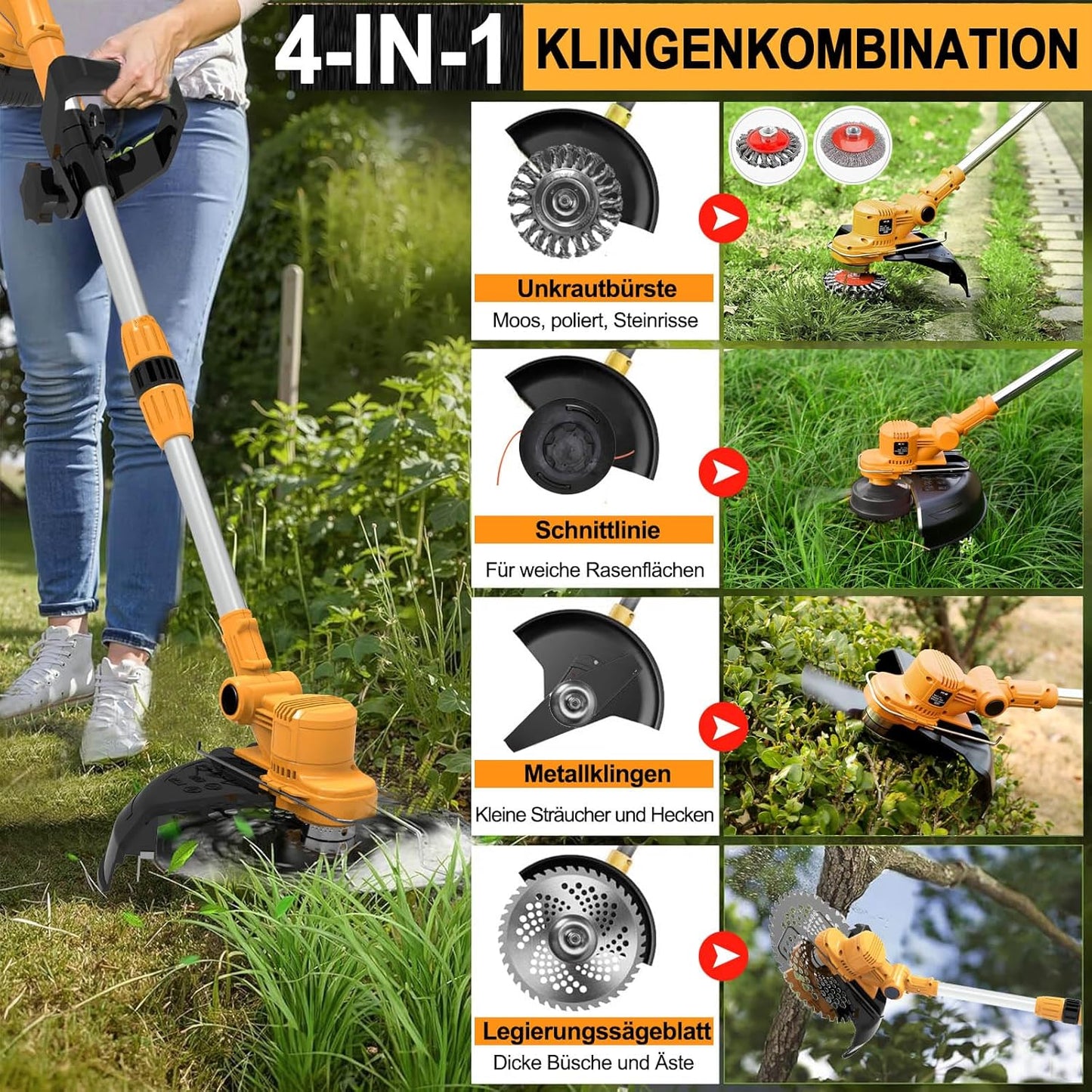 4-in-1 Akku-Rasentrimmer mit Teleskopstiel, Orange