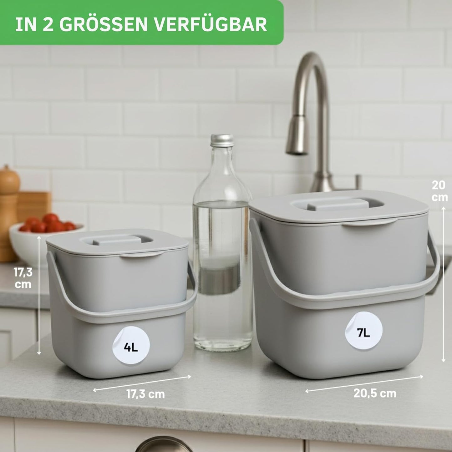 Komposteimer mit herausnehmbarem Sieb & Deckel, 7 Liter Grau