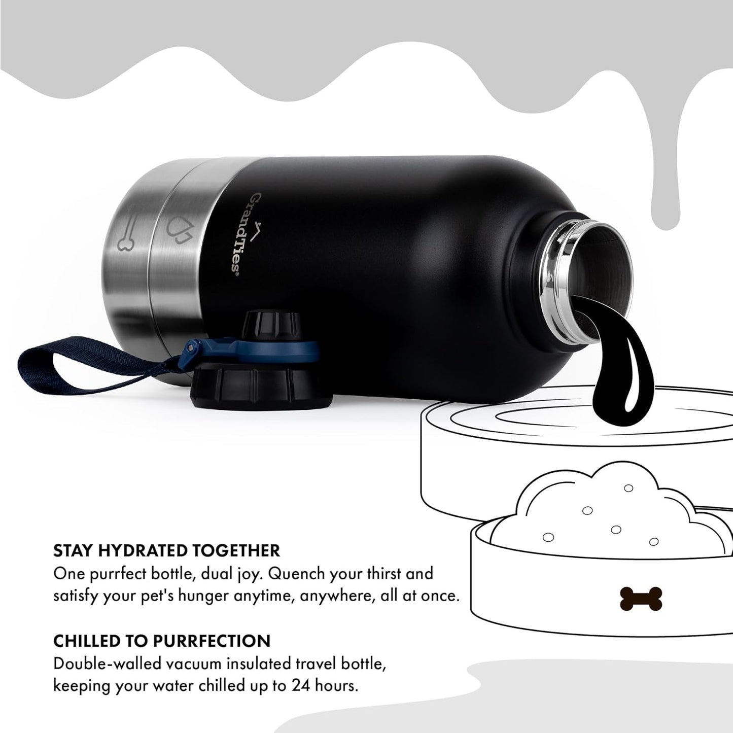 Isolierte Hundewasserflasche mit 2 abnehmbaren Hundenäpfen, Midnight Black Large 64oz/1890mL