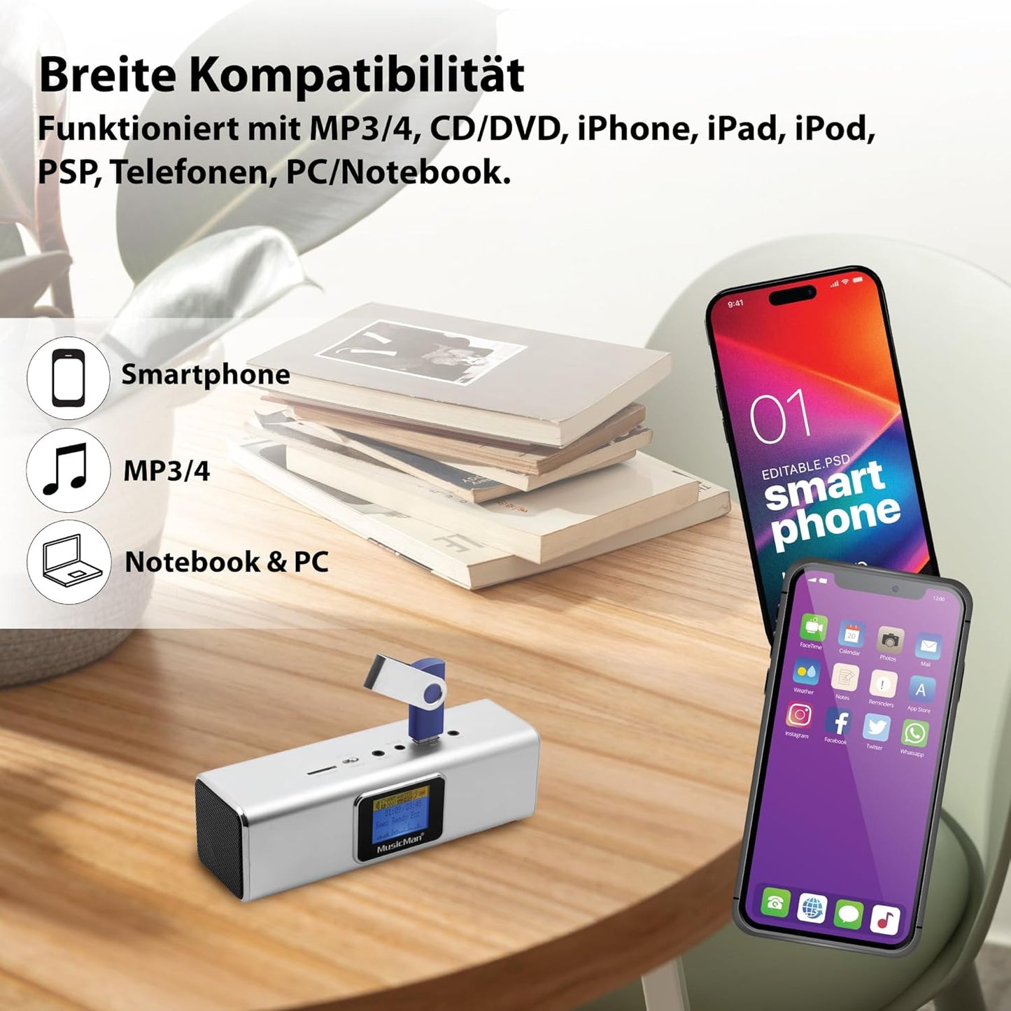 Mobiler Stereo Lautsprecher mit LCD Display, Silber mit Display Single