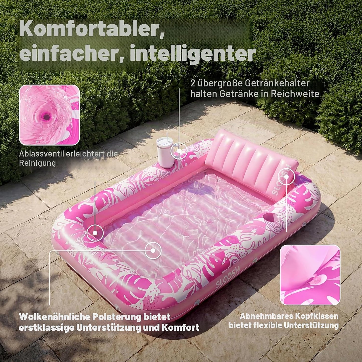 Aufblasbarer 4-in-1 Sonnenliegepool mit Kissen und Getränkehalter, Zartrosa XL