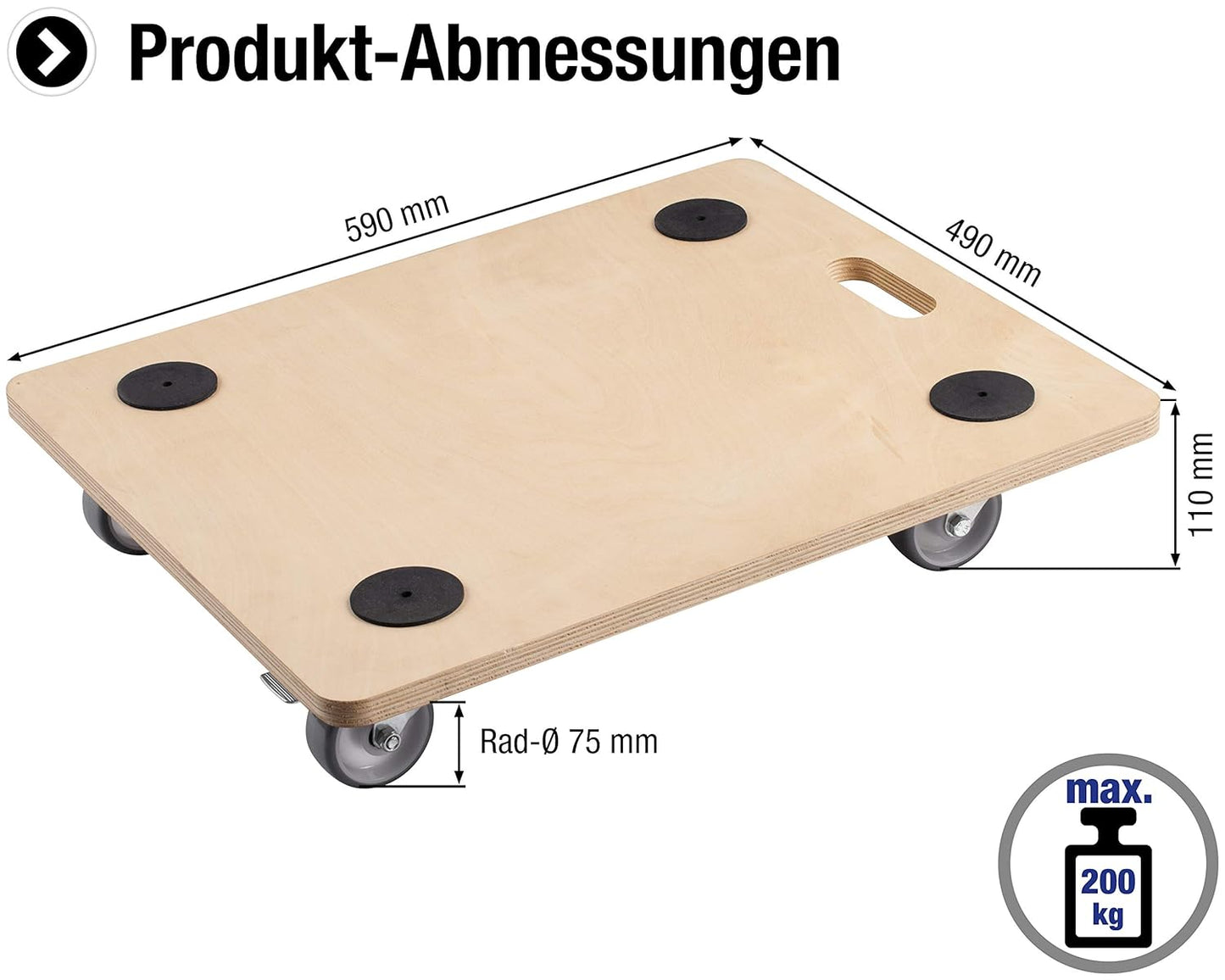 Transportroller mit Bremse, PU-Räder + Feststeller 590 x 490 mm