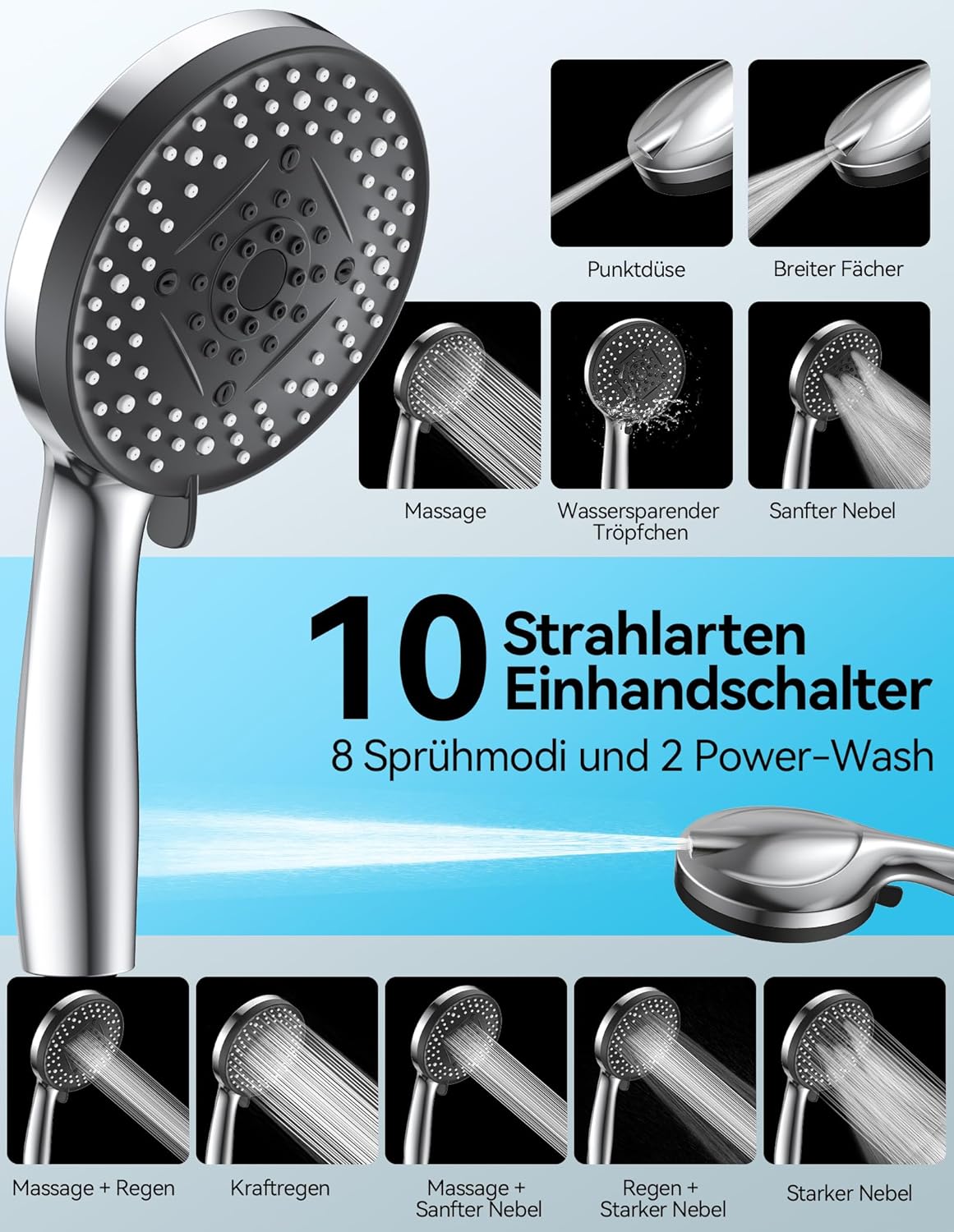Duschkopf ‎VX-HS011 mit 10 Strahlarten und Schlauch, Duschkopf mit schlauch
