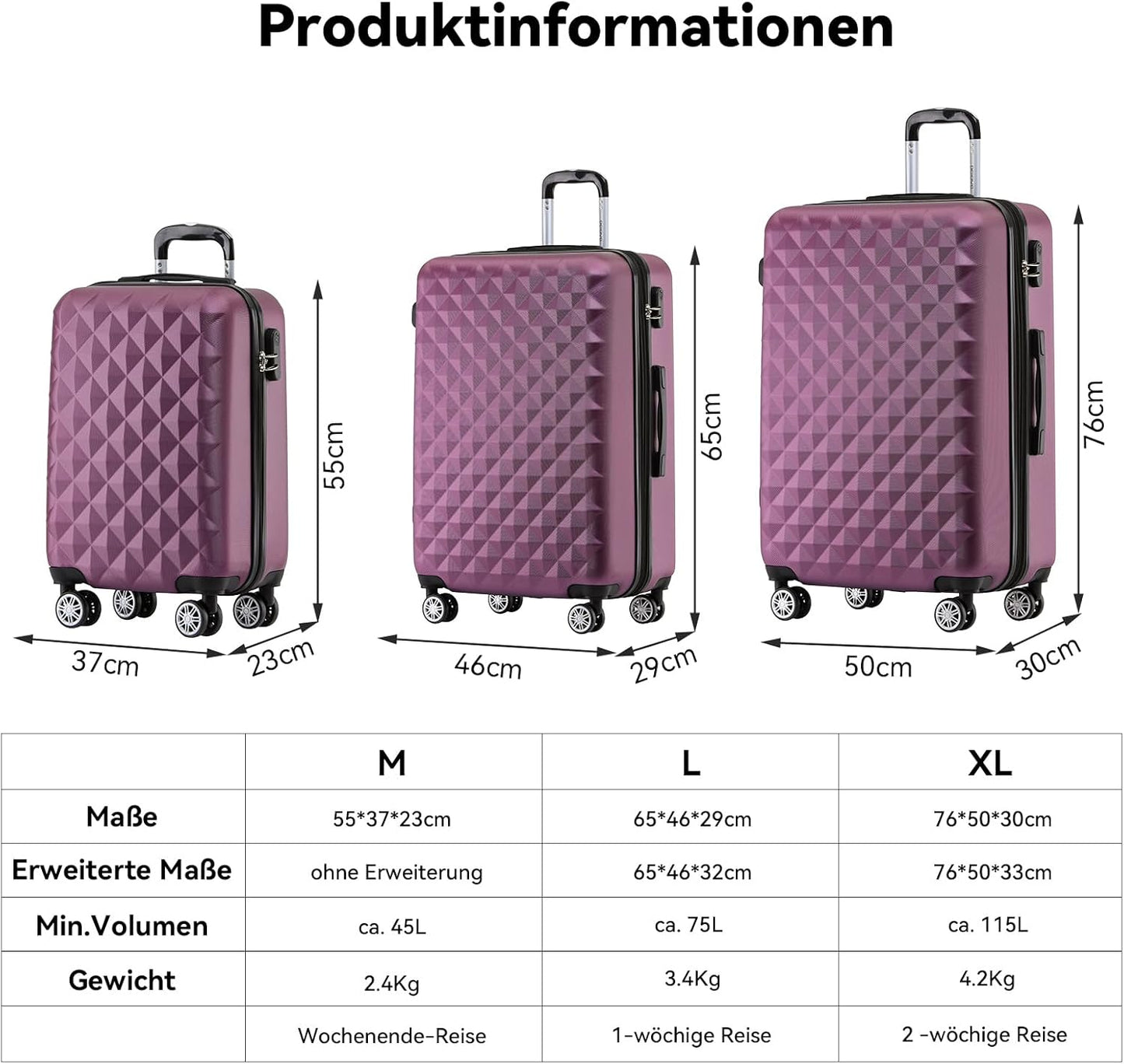 Hartschalen-Koffer-Set mit Zwillingsrollen (3-teilig), Violett M+L+XL (Set)
