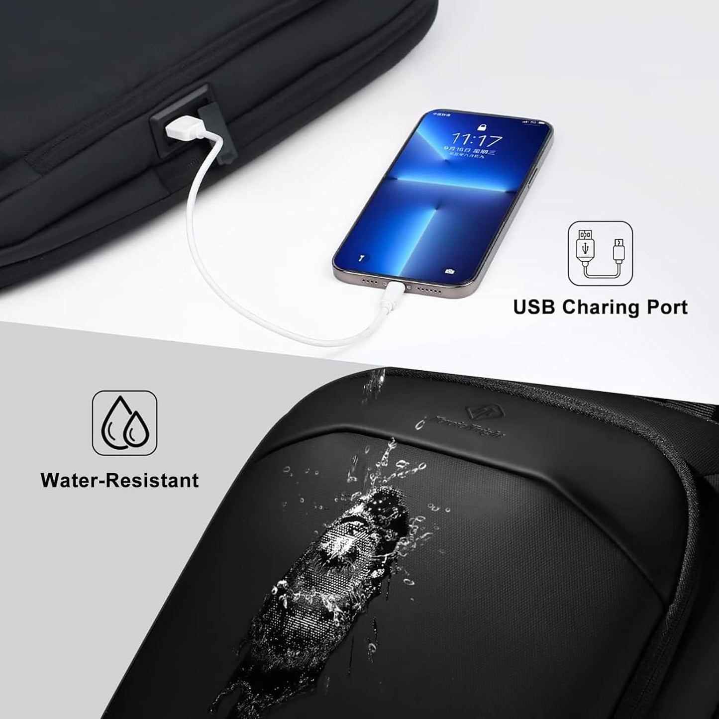 Laptop-Reiserucksack 17 Zoll mit USB-Anschluss, Schwarz