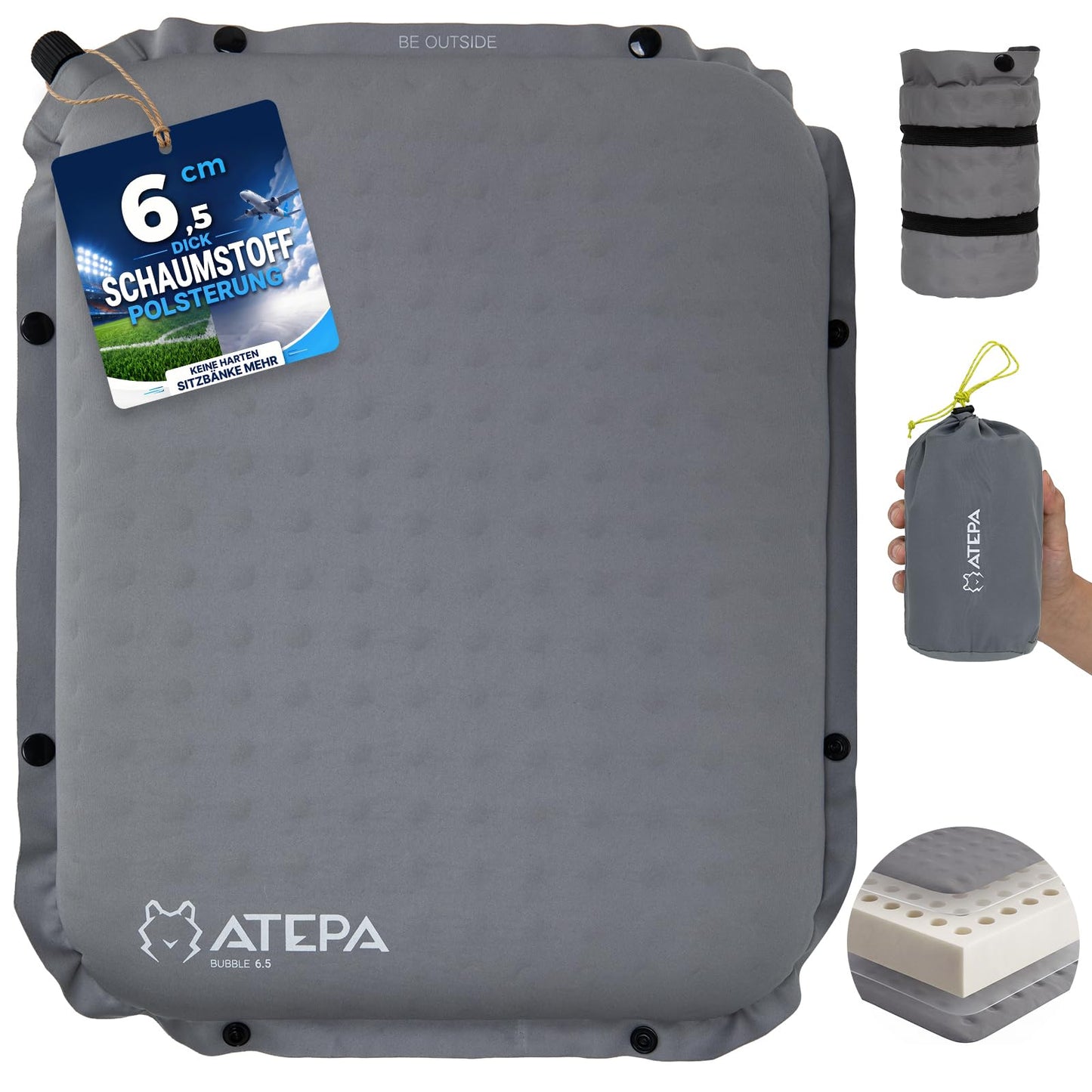 Faltbares, selbstaufblasendes Sitzkissen, Grau 1er Pack 42 x 33 x 6,5 cm