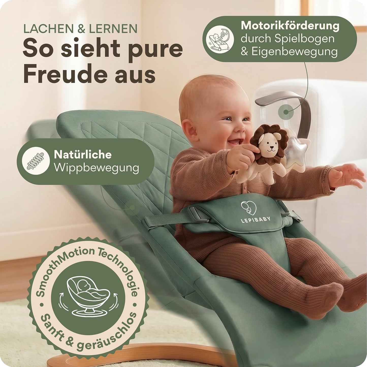 Babywippe Faltbar & Verstellbar mit Spielbogen, Grün