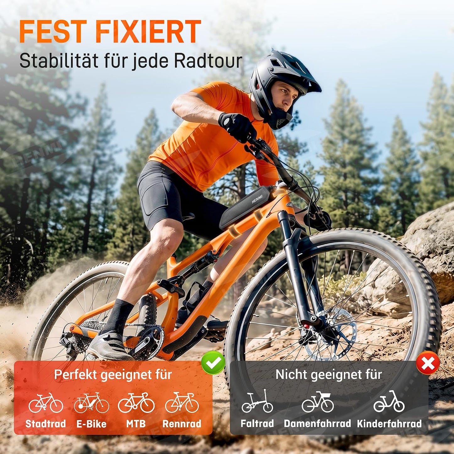 Oberrohrtasche für Fahrrad, wasserdicht, 1,3L mit Reissverschluss