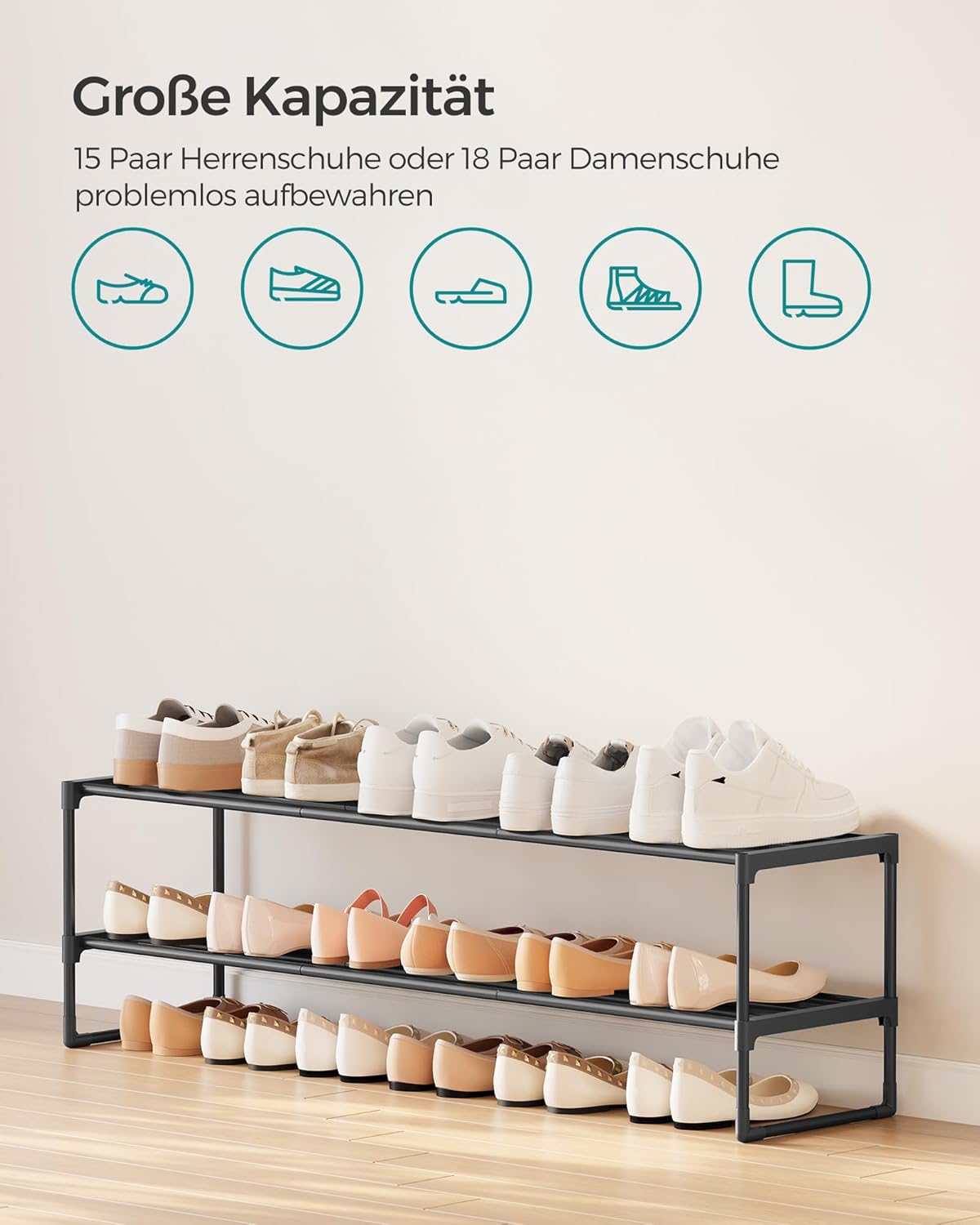 Stapelbares Schuhregal mit 2 Ebenen, 2 Ebenen (117B cm) Schwarz