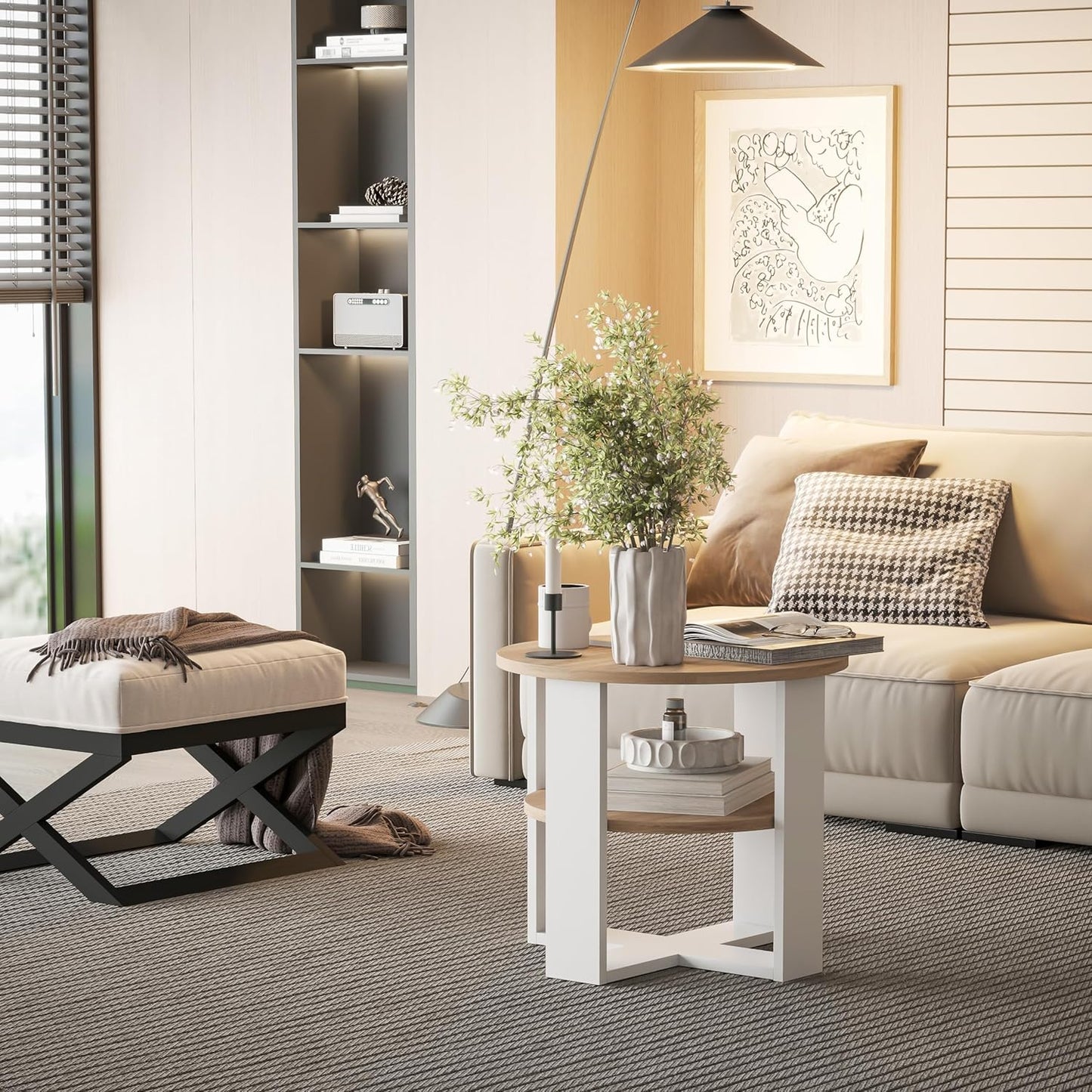 Runder Couchtisch mit Ablage, Weiß & Sonoma Eiche Durchmesser: 53CM