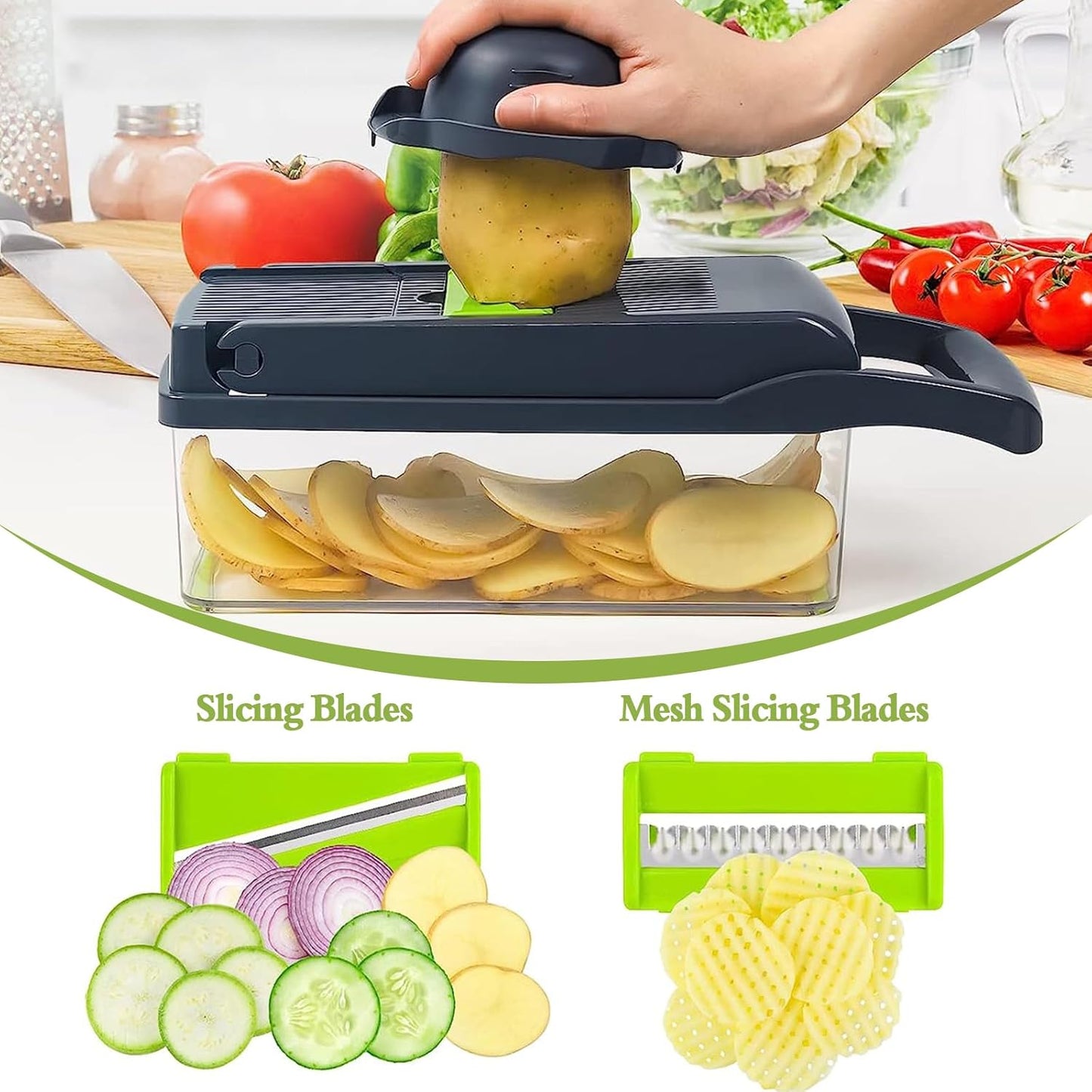 18-in-1 Gemüseschneider & Hobel mit Zubehör-Set, Grey Green