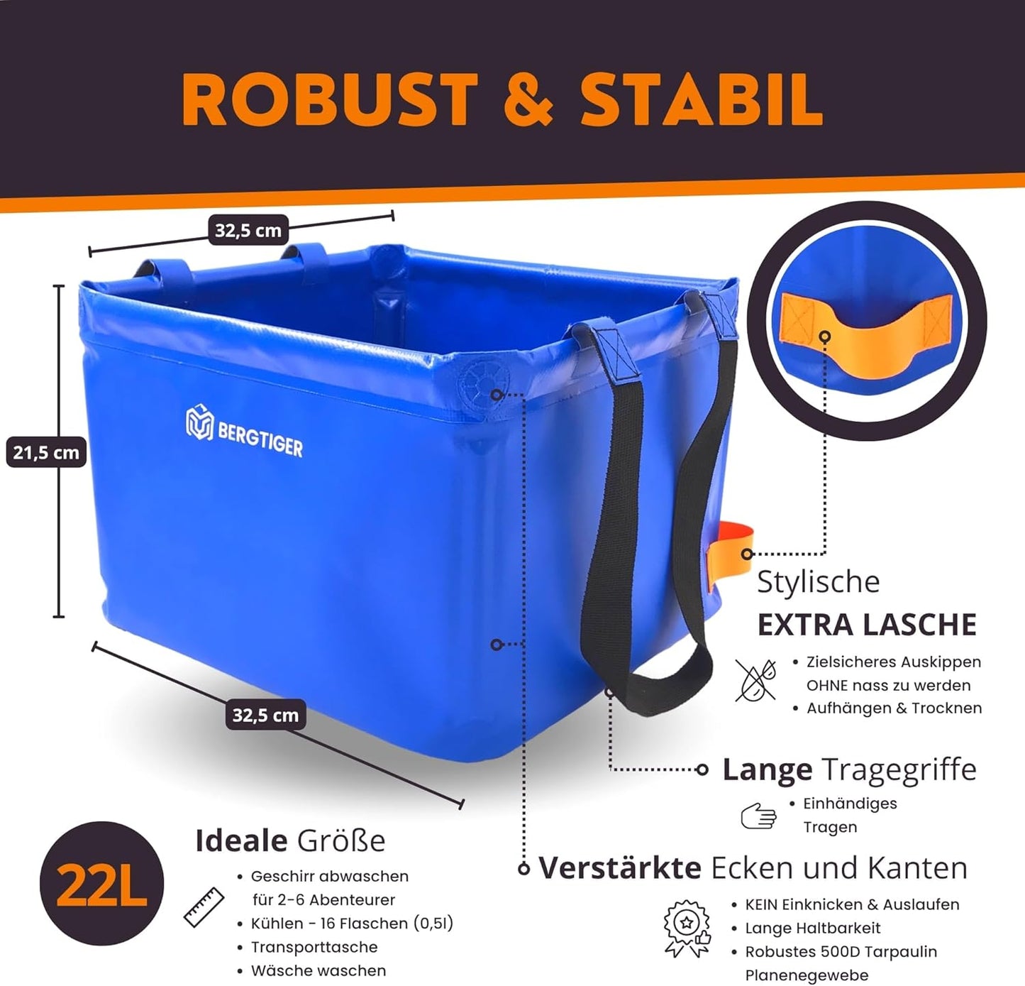 Faltbare Camping-Spülwanne mit Griff, Royalblau / Orange - 22 Liter