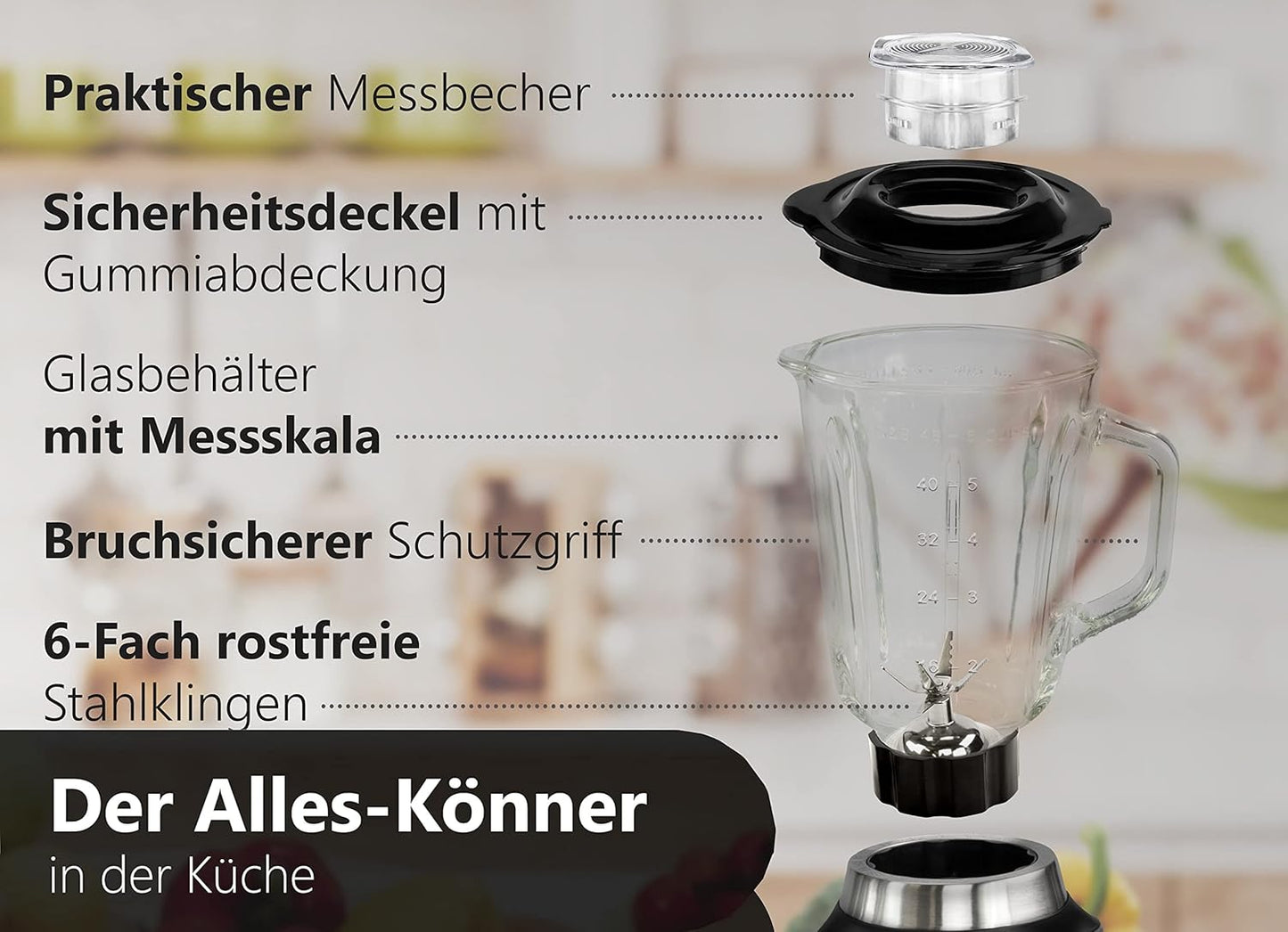 Standmixer 800W mit Glasbehälter & Pulsfunktion
