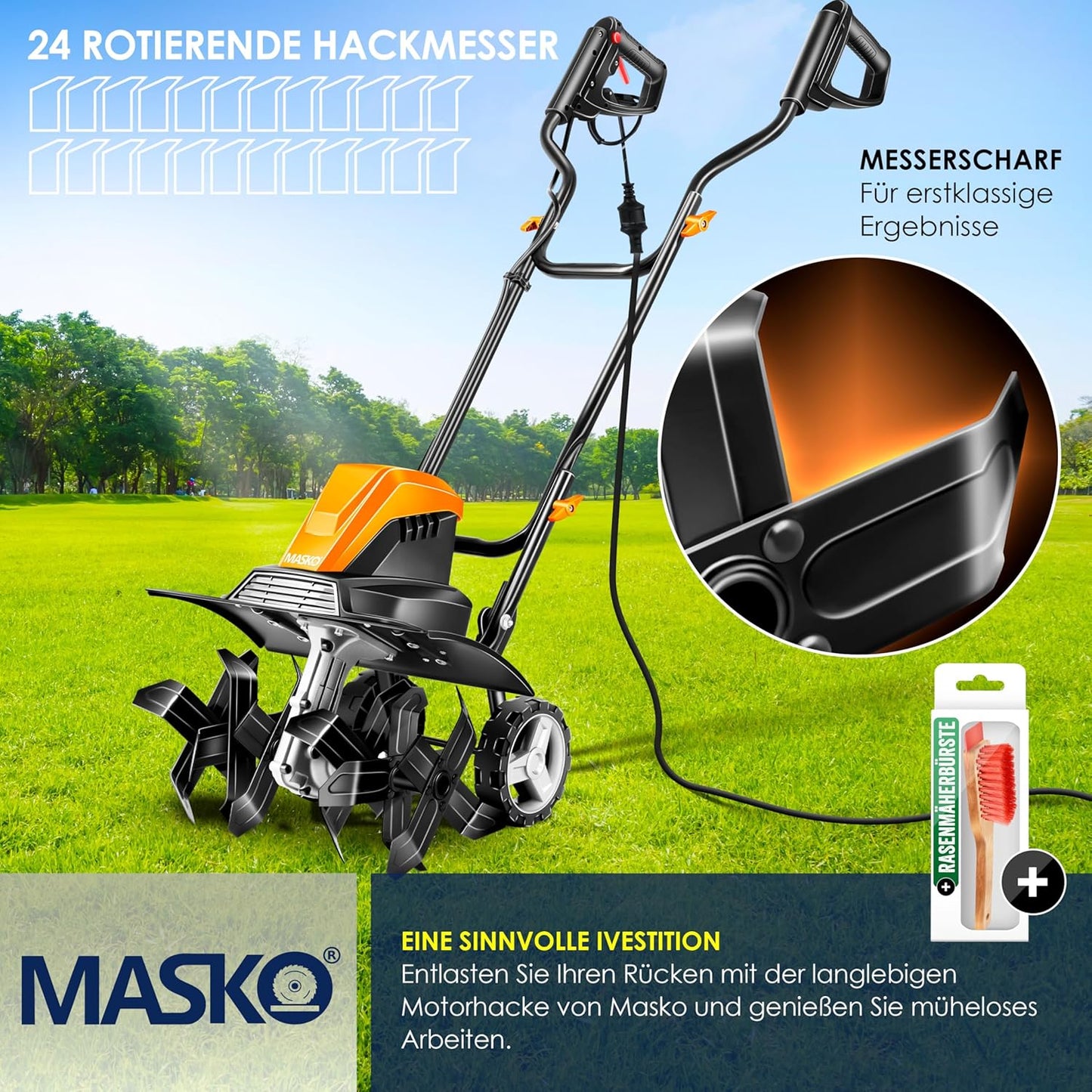 Elektrische Motorhacke, klappbar mit Zubehör, 40cm Arbeitsbreite, Orange