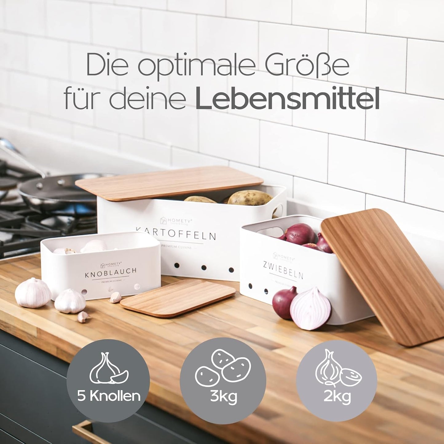 Kartoffel, Zwiebel & Knoblauch Aufbewahrungsboxen-Set (3-teilig), Weiss