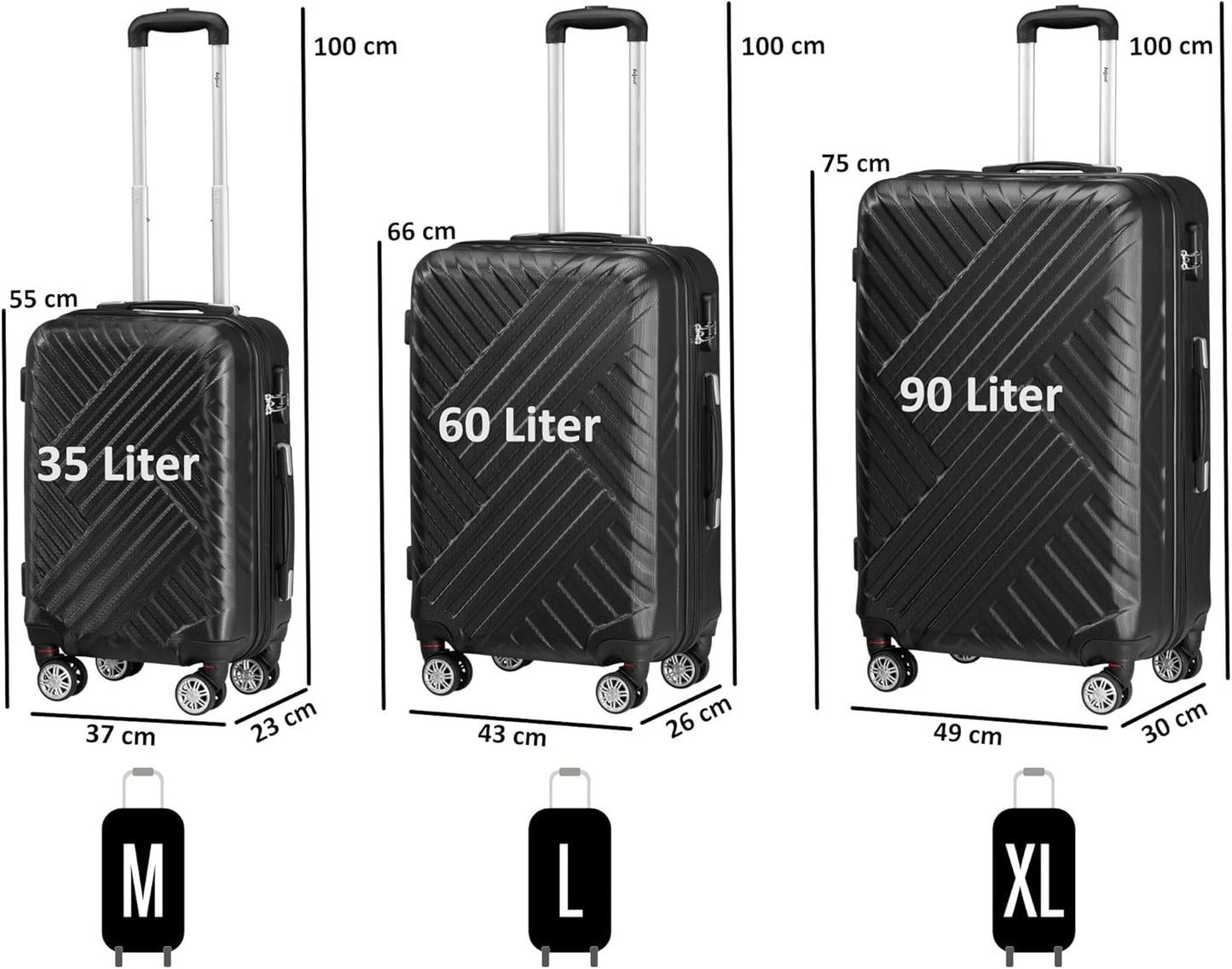 3-teiliges Hartschalenkoffer-Set, Schwarz