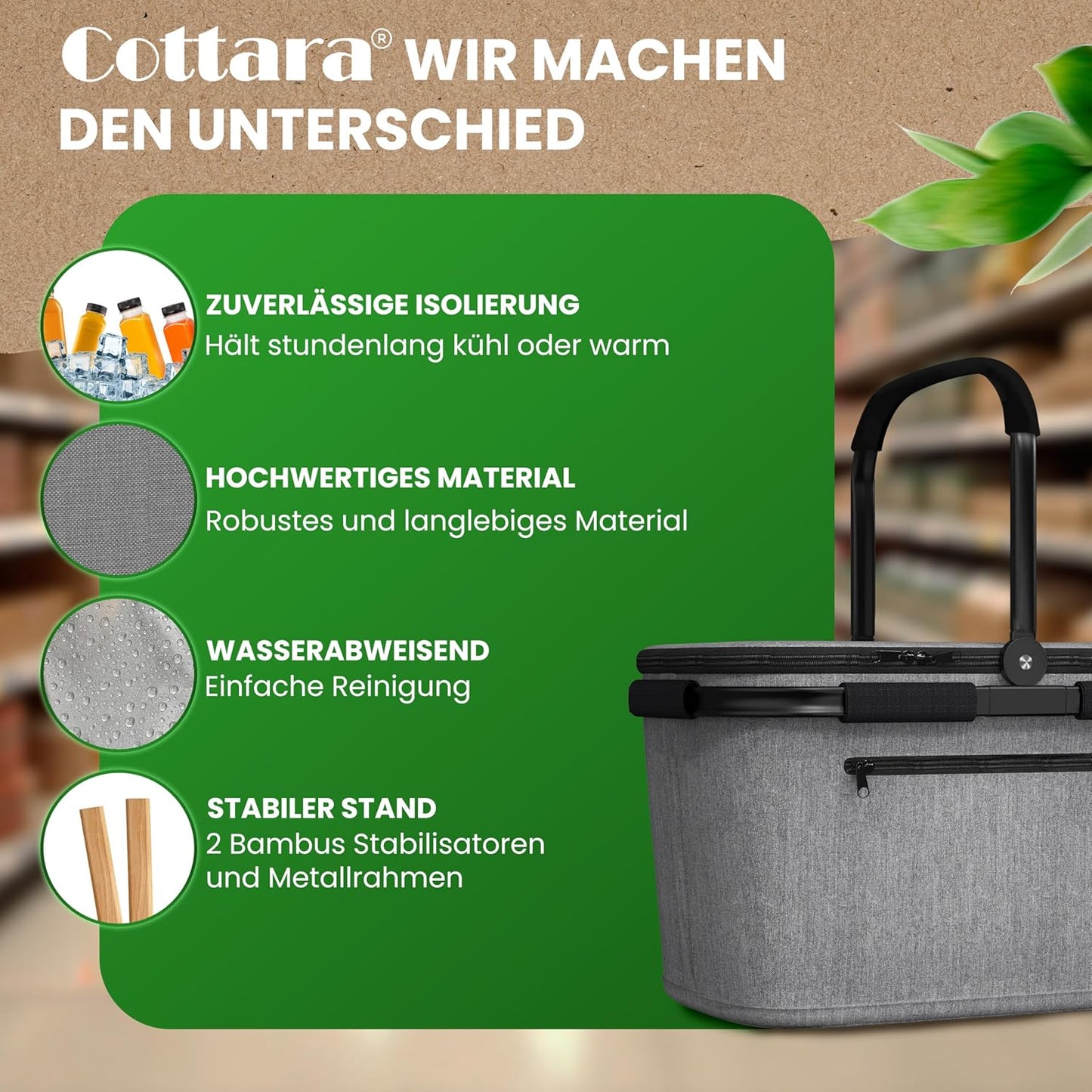 Thermo Einkaufskorb Kühltasche mit Reissverschlussfach, Grau