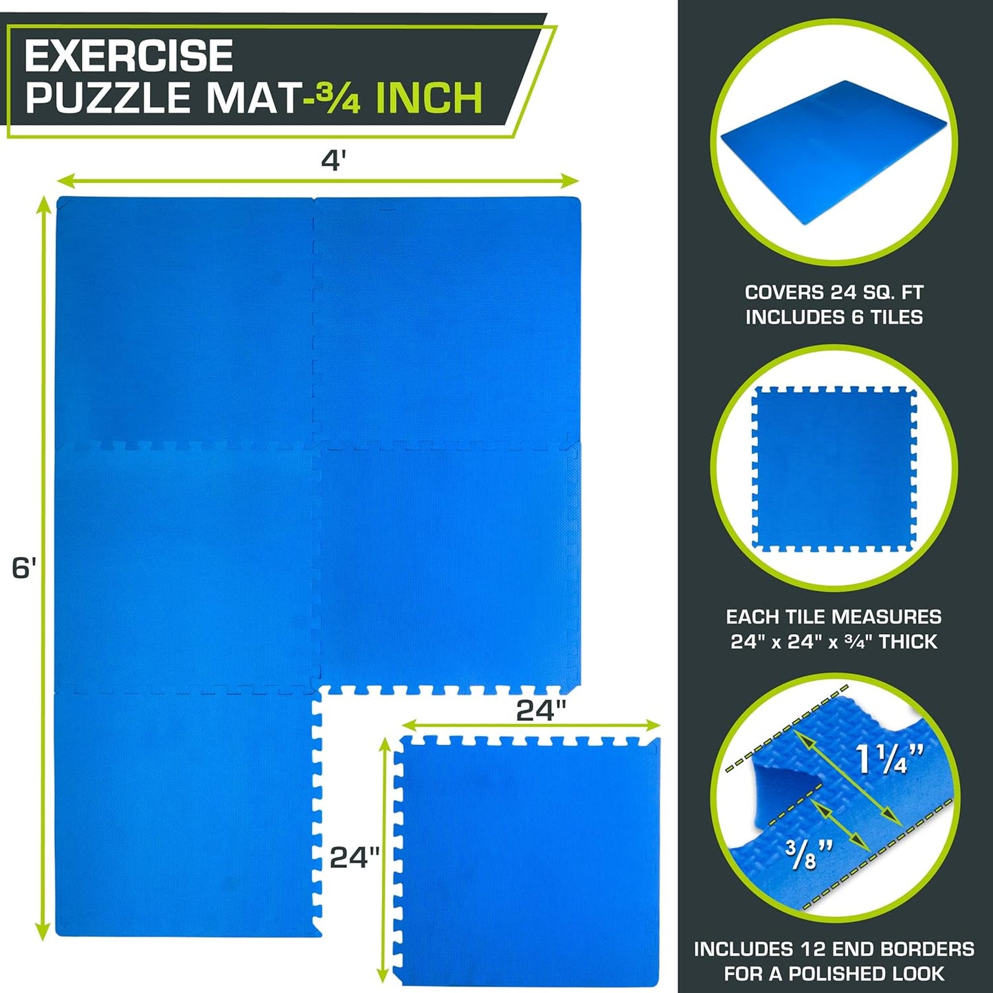 Puzzle-Übungsmatte aus Eva-Schaumstoff, Blue - 3/4 Inch - 24 Sq Ft - 6 Tiles