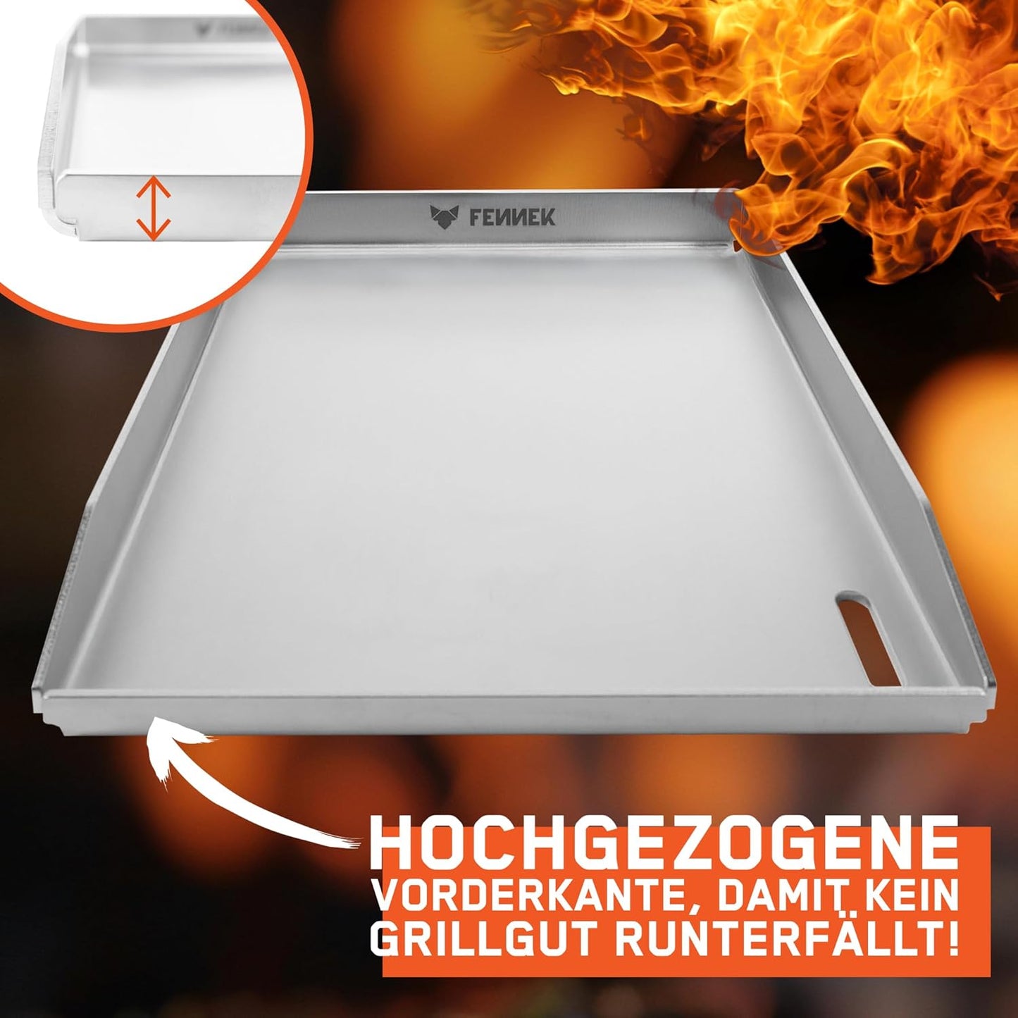 Teppanyaki Grillplatte mit Ablaufloch, FENNEK Plancha 40 x 30 cm mit Vorderkante