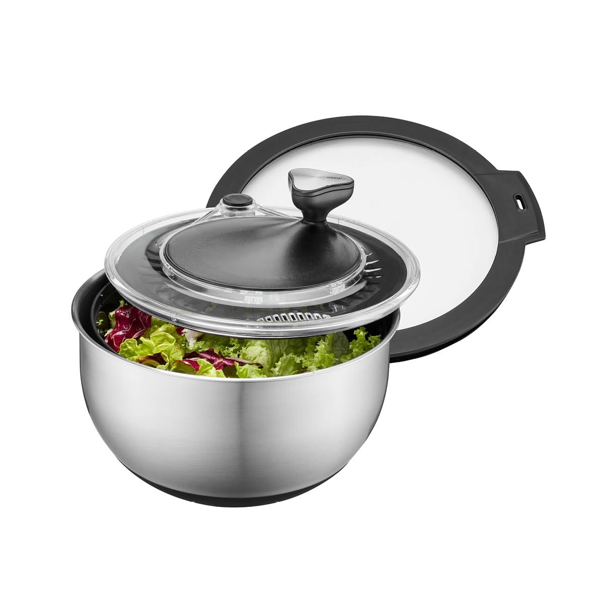 Salatschleuder mit Kurbelantrieb, 4,5l & Deckel Edelstahl/Schwarz + Frischhaltedeckel