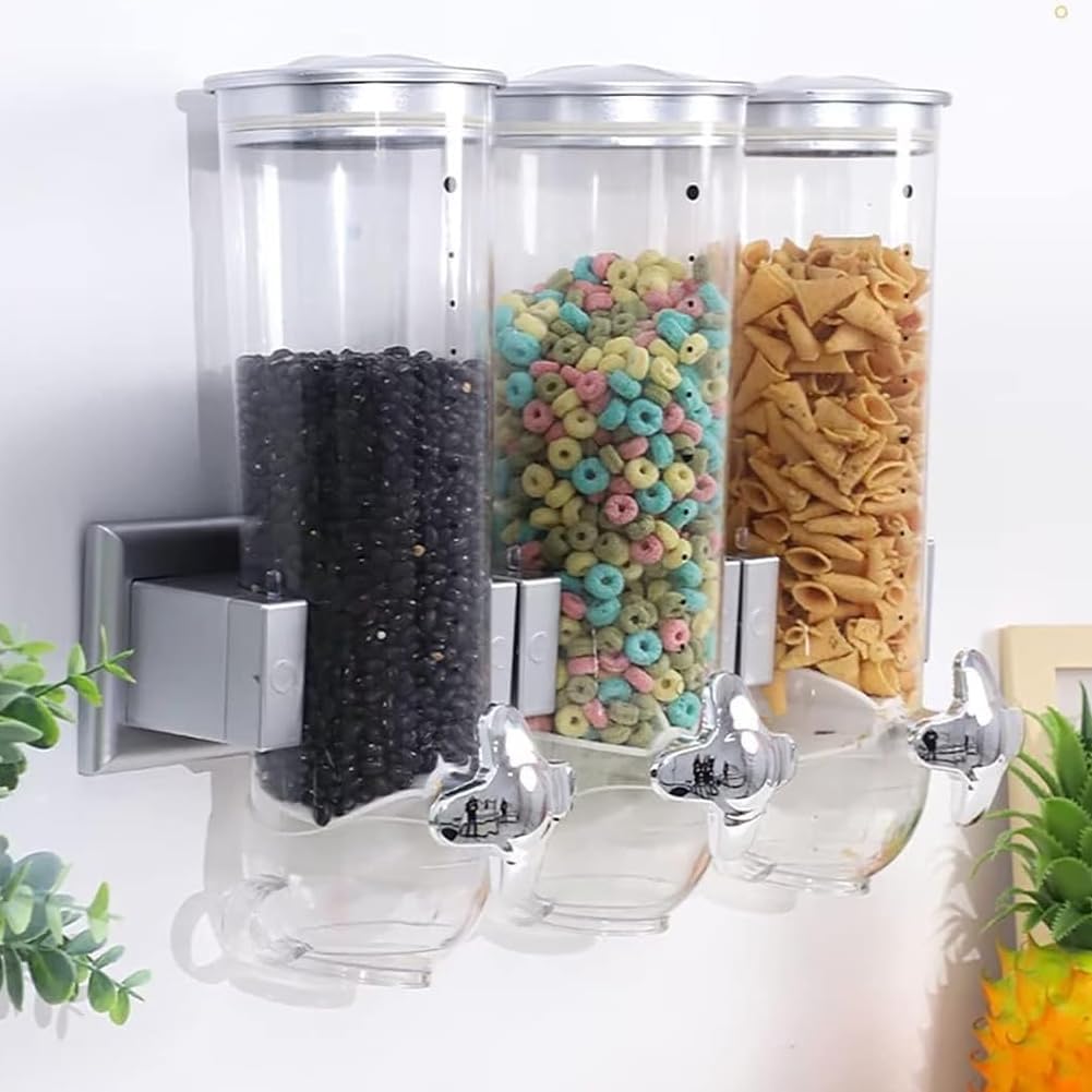 Dreifacher Müsli-Spender mit luftdichtem Deckel, Silber / Schwarz