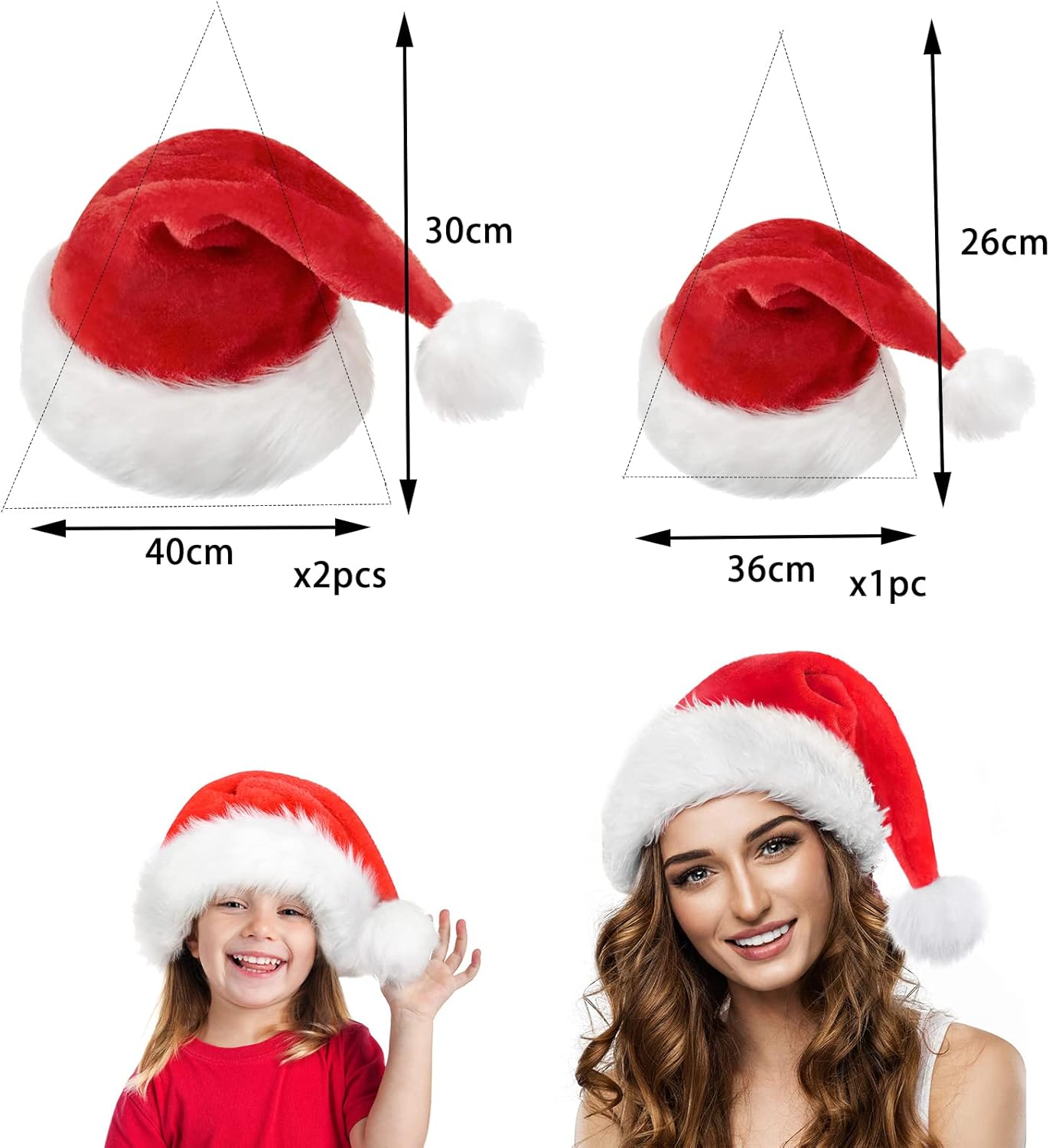3-teiliges Weihnachtsmannmützen-Set für Kinder & Erwachsene