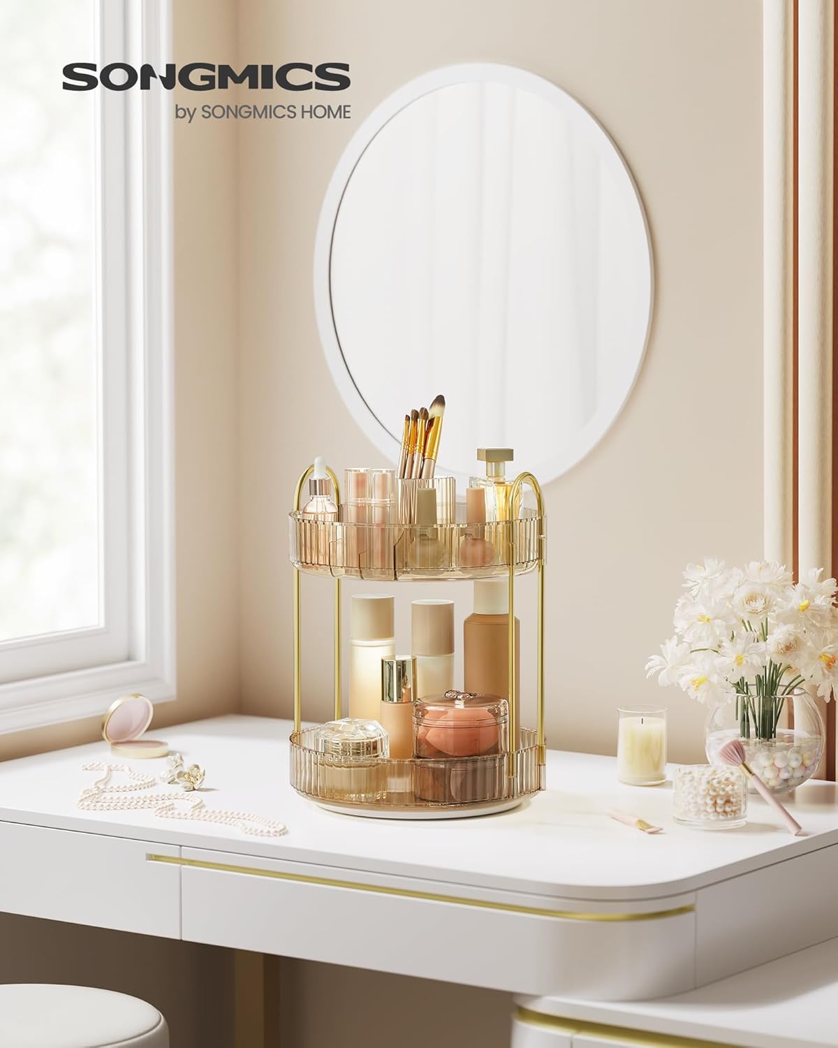 Drehbarer Make-up Organizer mit 2 Ebenen, Modell JKA012A01, Champagnergold 2 Ebenen (31H cm)