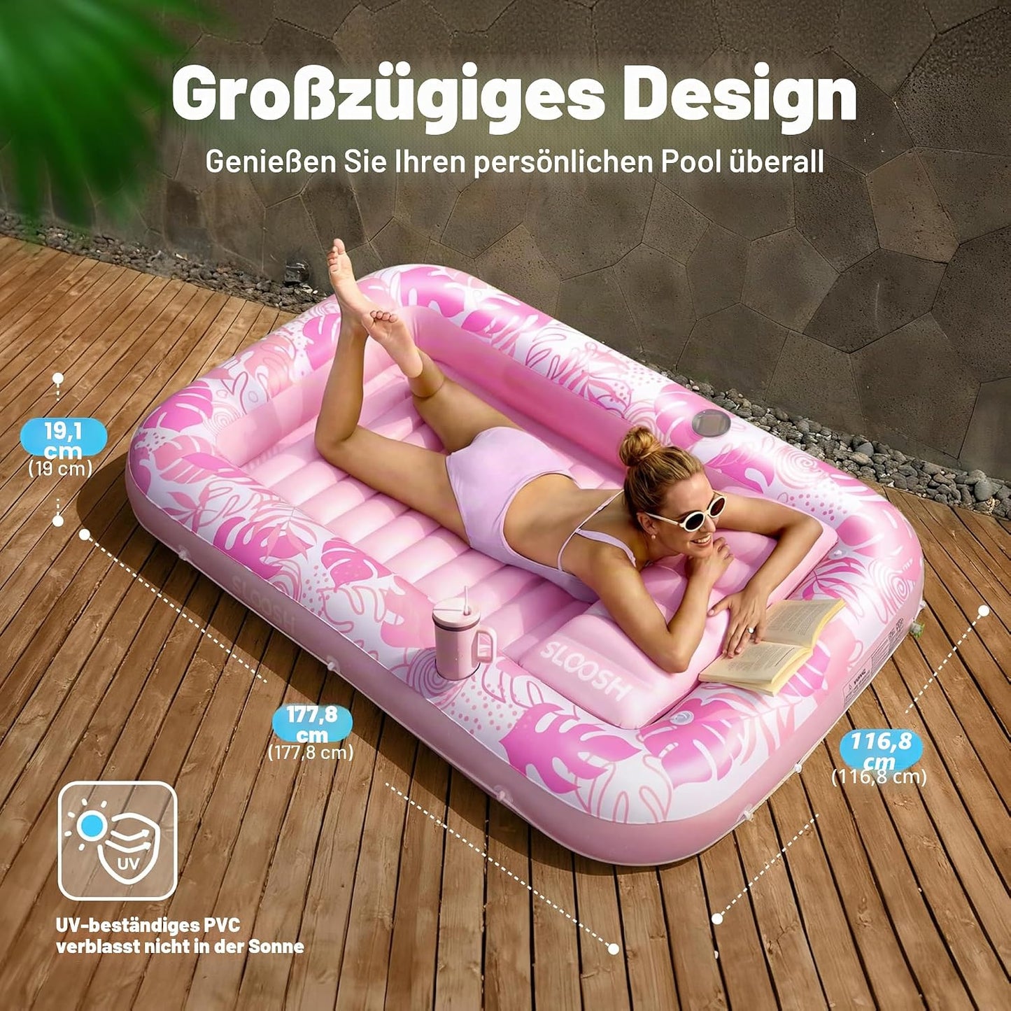 Aufblasbarer 4-in-1 Sonnenliegepool mit Kissen und Getränkehalter, Zartrosa L