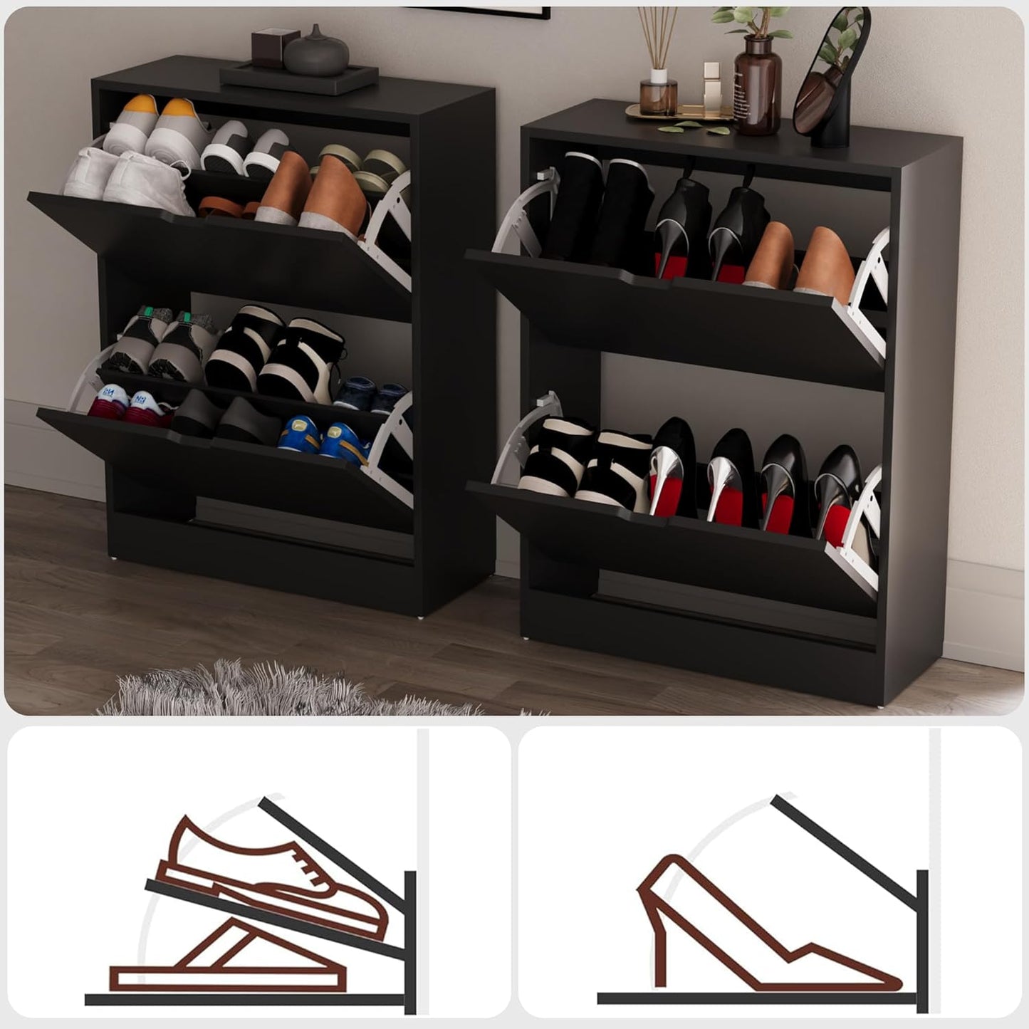 Schuhschrank mit 2 Klappschubladen, Schwarz