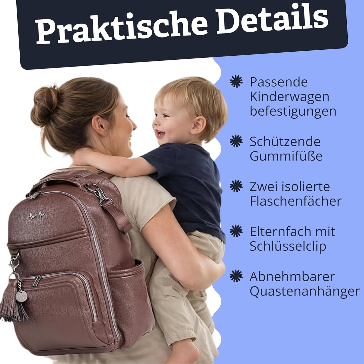 Wickelrucksack mit Wickelunterlage (19 Fächer), Cognac
