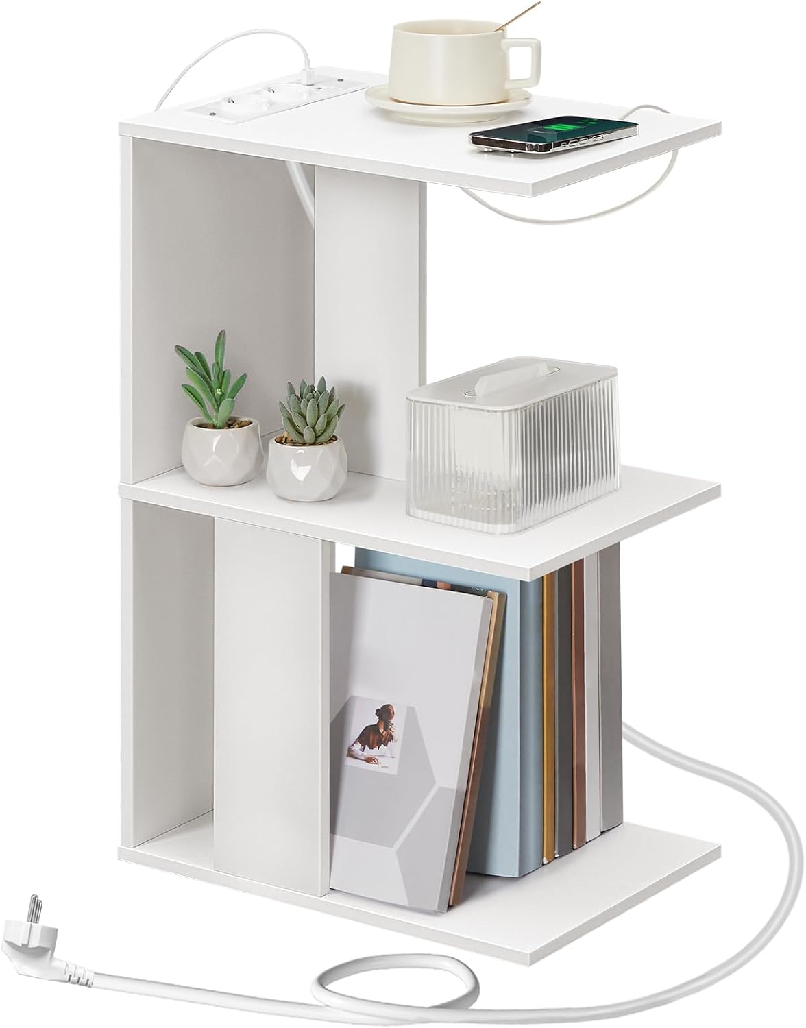 C-förmiger Beistelltisch mit Ladestation und LED, Weiss