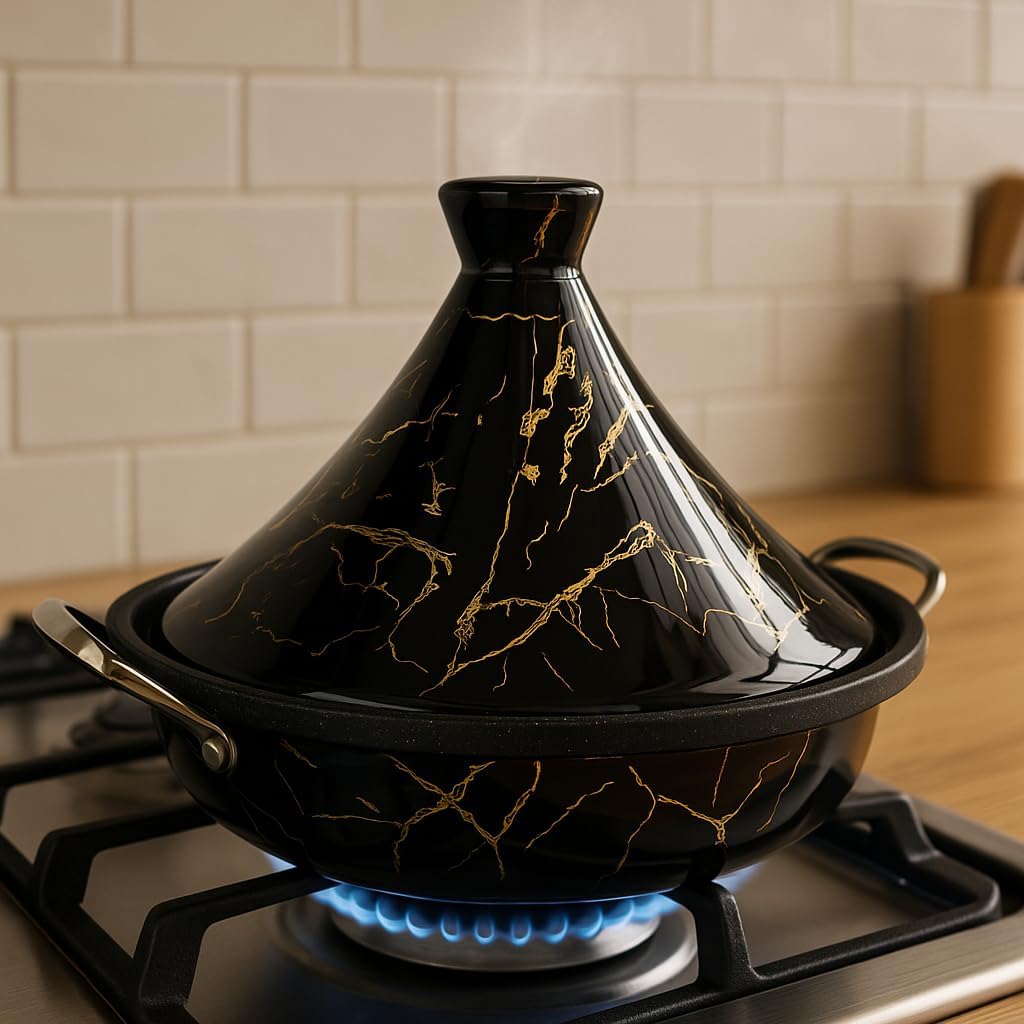 Tajine Schmortopf mit Keramikdeckel & Dampfventil, Schwarz 38 cm