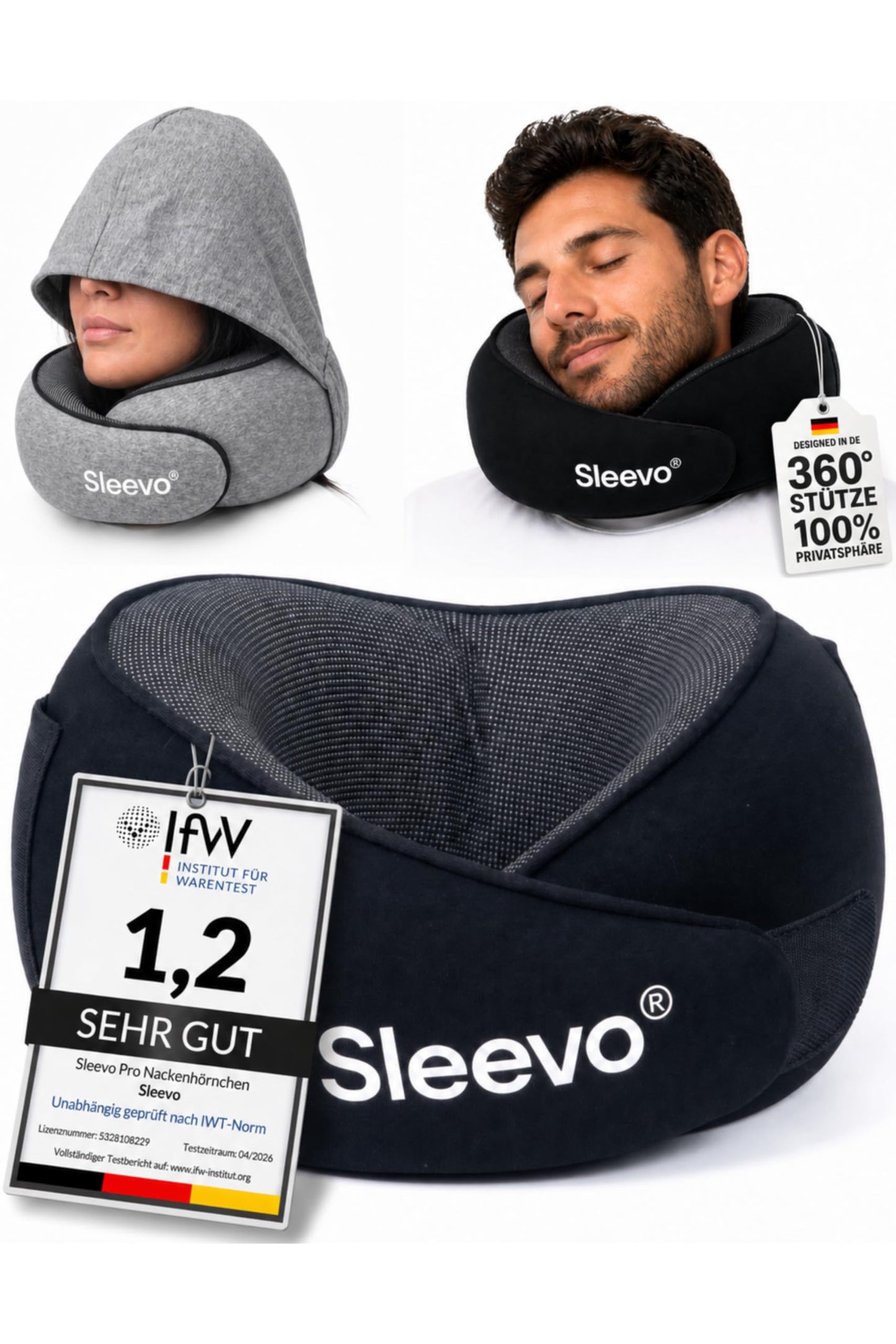 Ergonomisches Reisekissen mit Kapuze, Schwarz M