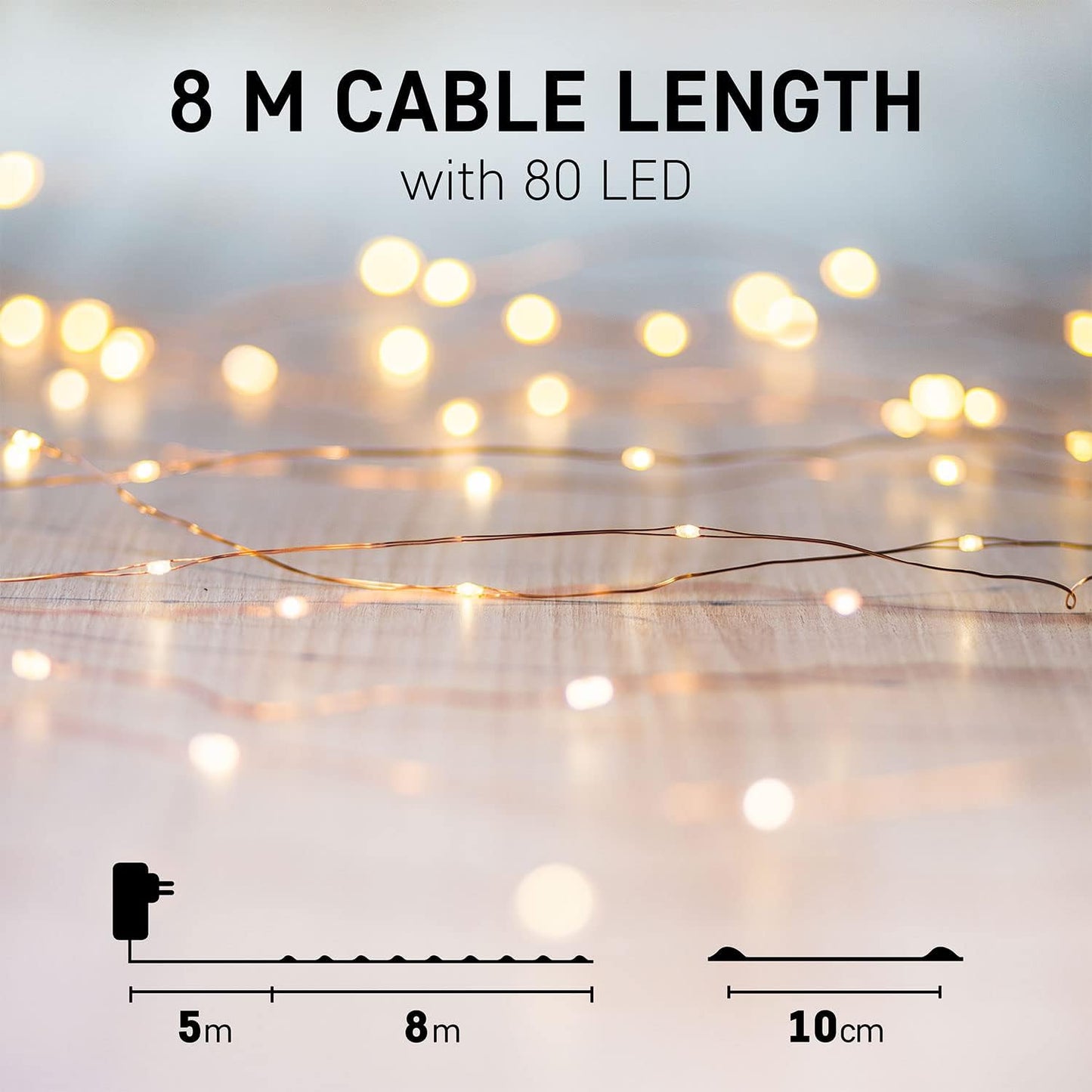 Micro LED Lichterkette mit Timer, Warmweiss / 230v 8 Meter