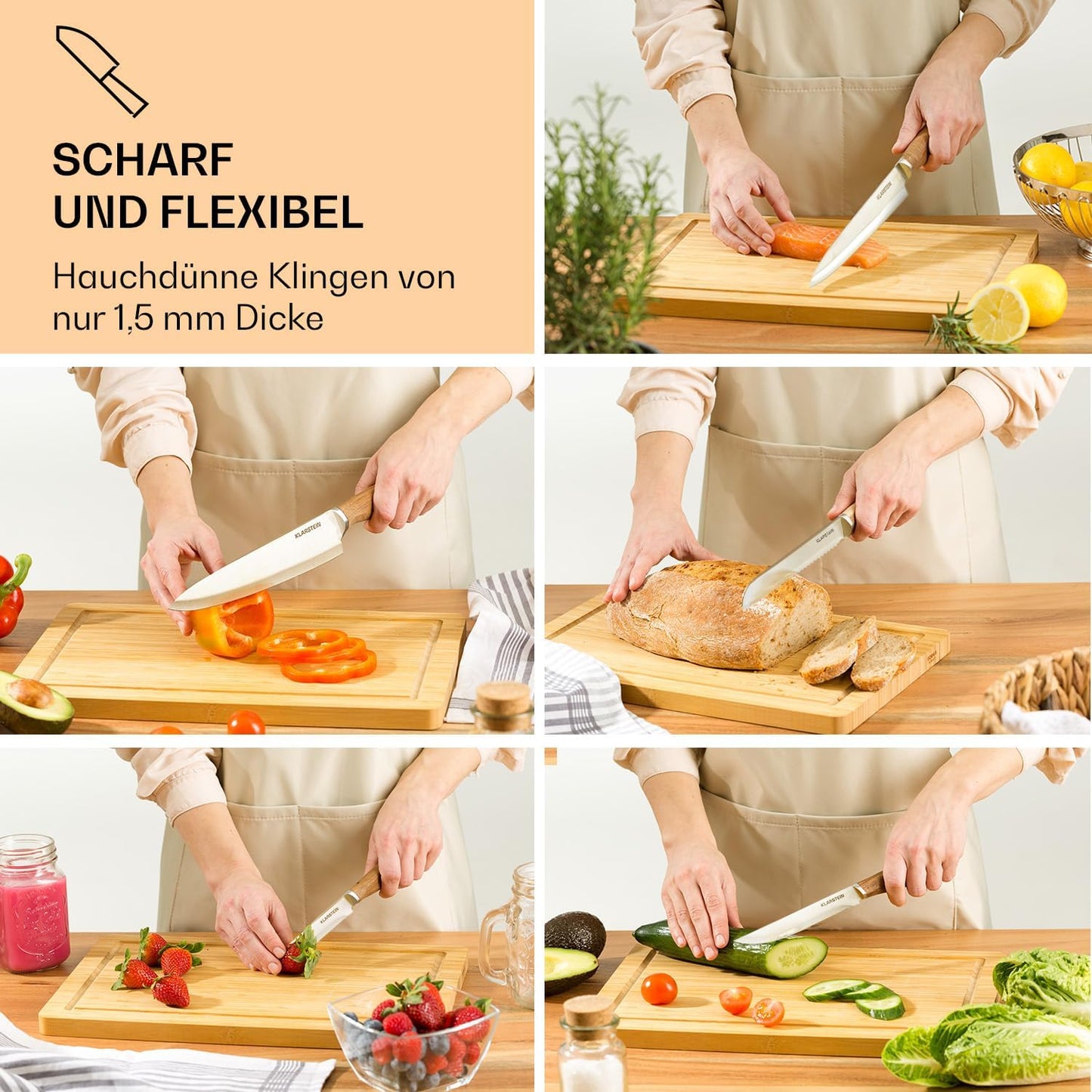 5-teiliges Küchenmesser-Set mit Messerblock und Schneidebretter