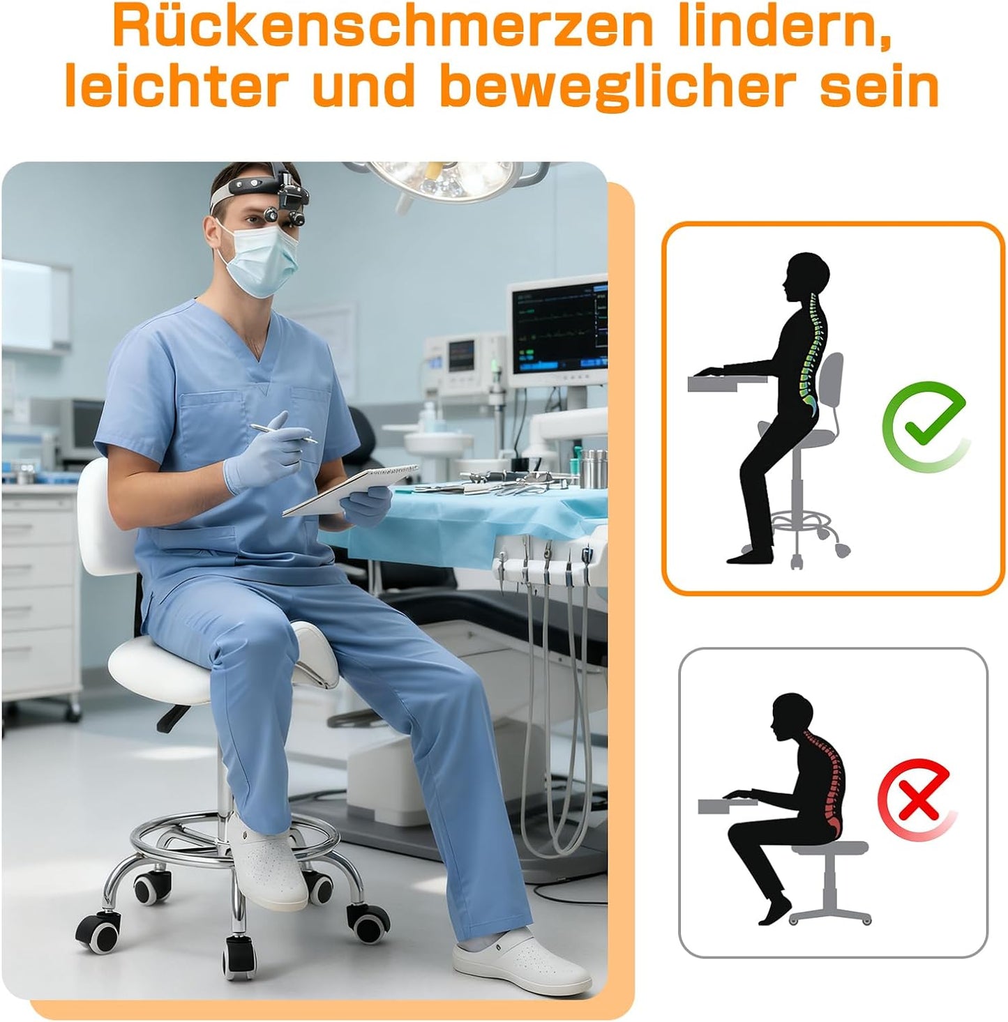 Höhenverstellbarer Sattelhocker mit Lehne, Weiss