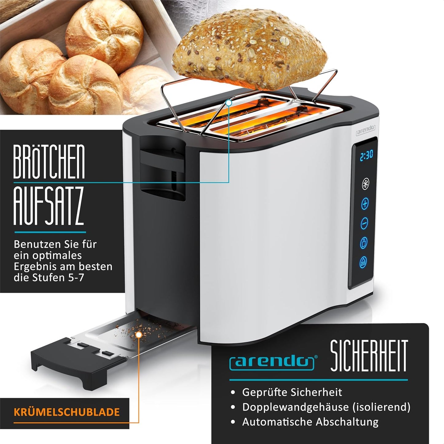 Touch Toaster mit Display und Brotscheibenzentrierung, B: Weiß