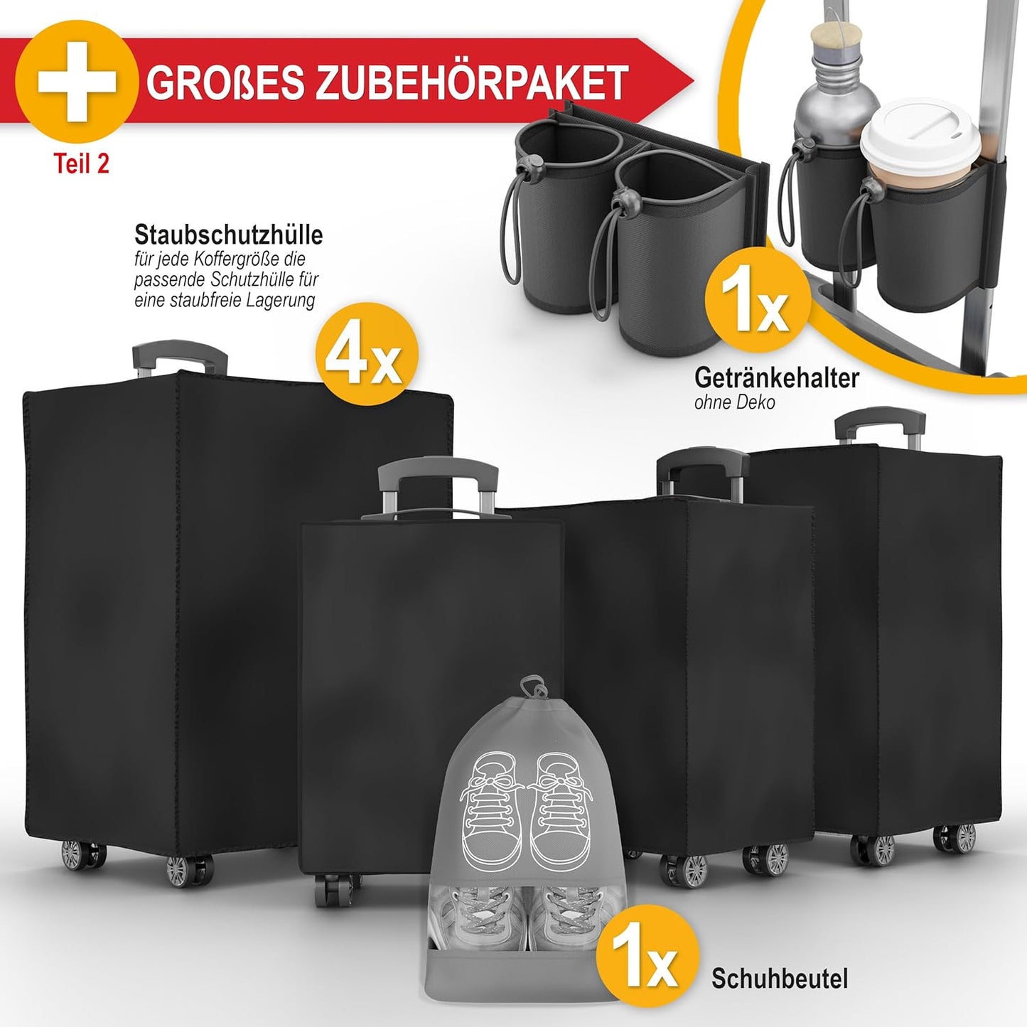 4-teiliges Kofferset mit TSA-Schloss und Zubehör, Schwarz