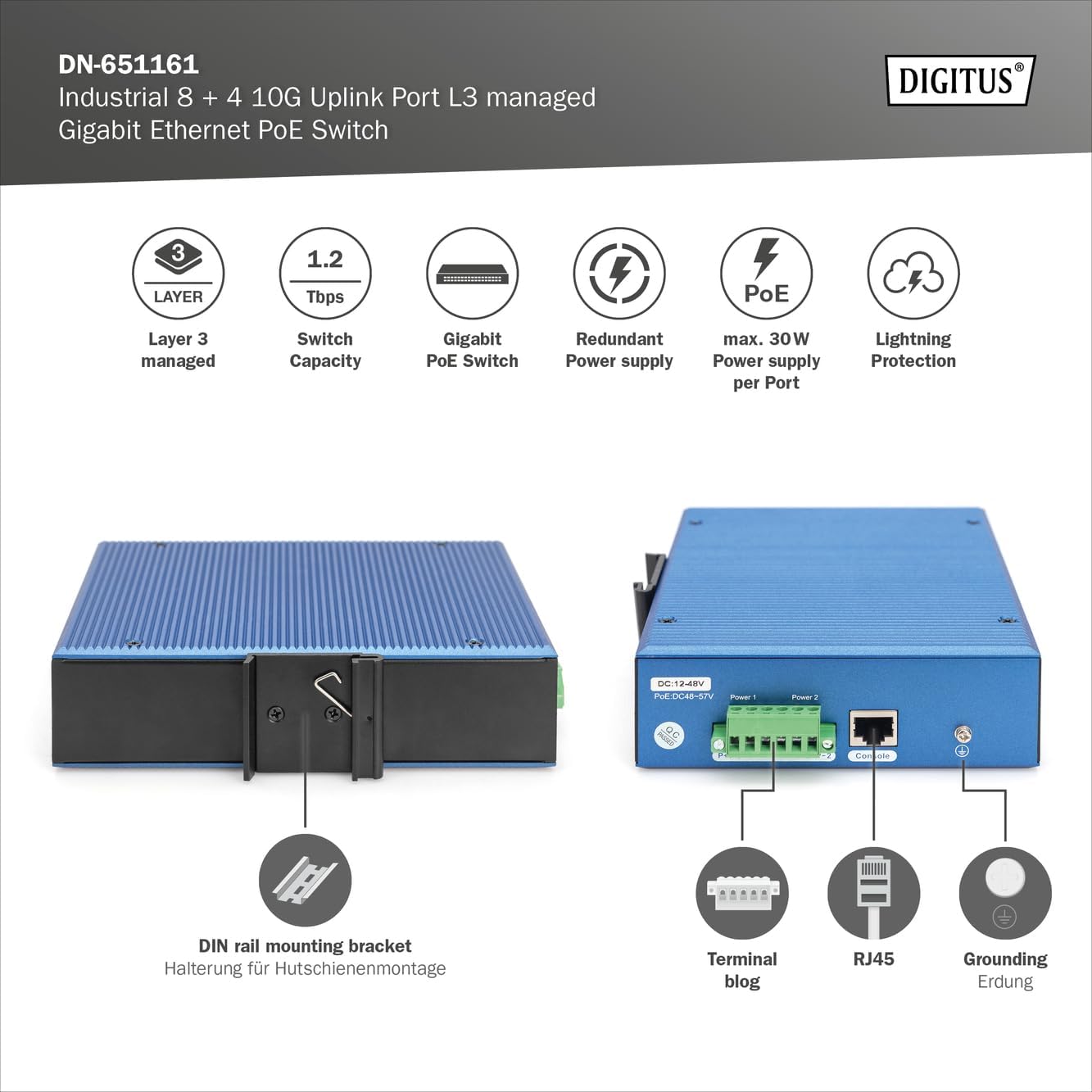 Industrieller PoE Netzwerk-Switch 8-Port + 4 Uplink, 8-Port + 4x Uplink SFP Gigabit Switch L3 Managed (PoE)