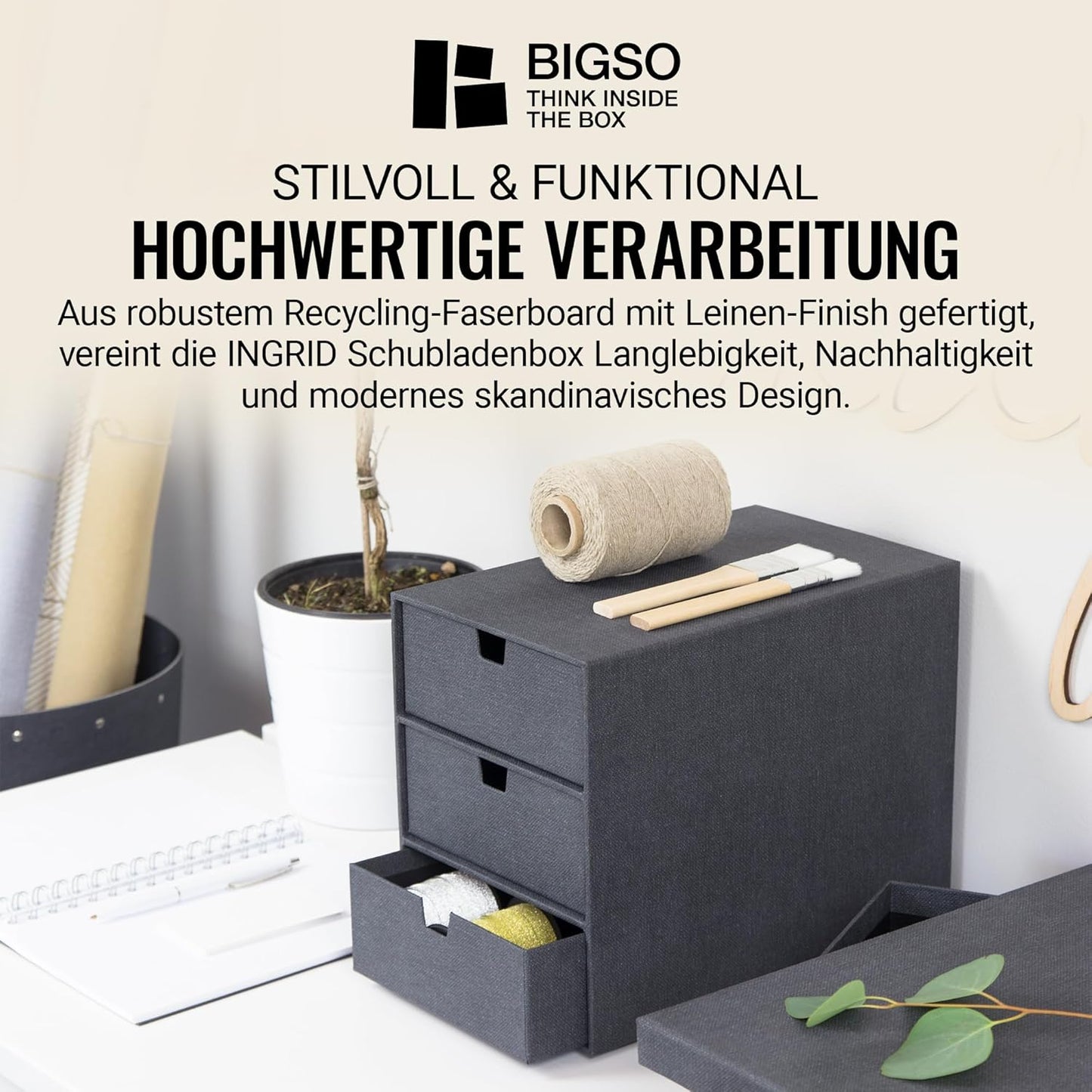 Ingrid Schubladenbox mit 3 Fächern, Schwarz 2 Leinenoptik