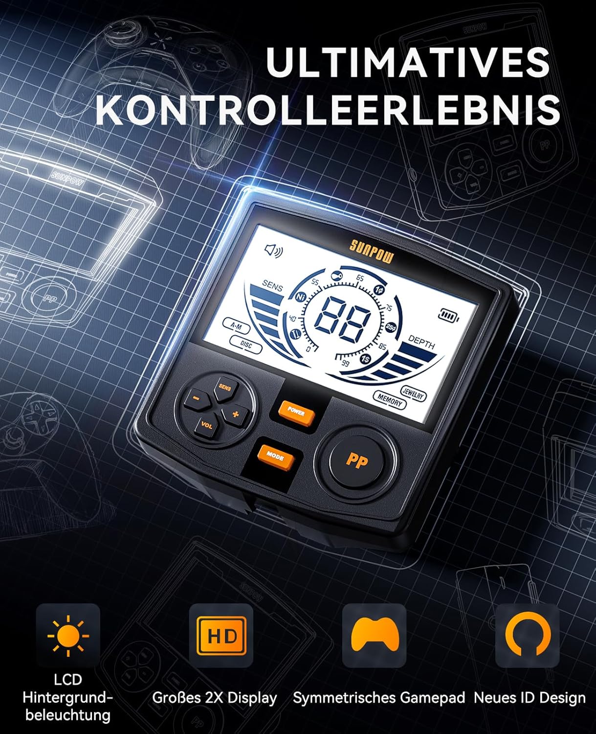 Metalldetektor mit Pinpointer & HD-LCD Display, OTMD14