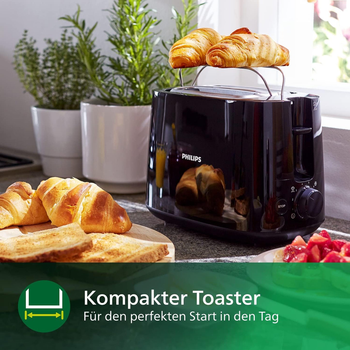 Toaster HD2581/90 mit 2 Schlitzen und Brötchenaufsatz, Toaster ; Schwarz