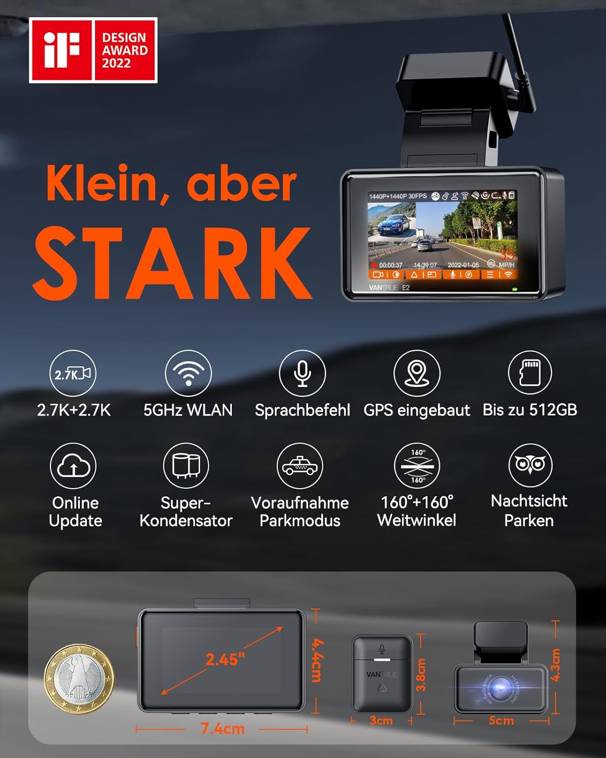 Dashcam E2 Dual-Kamera mit 2.7K Auflösung und GPS
