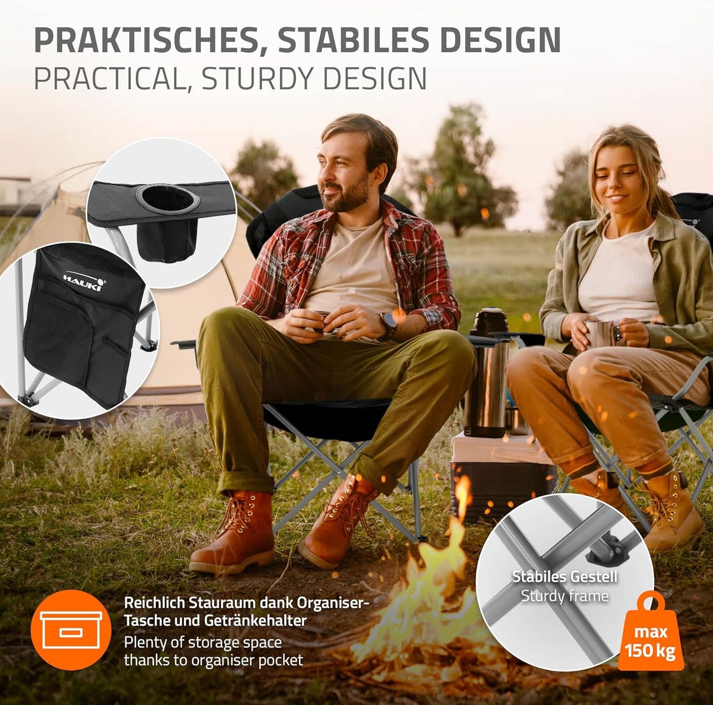 3-teiliges Campingmöbel-Set faltbar, mit Tragetasche, Campingtisch Braun 2x Campingstuhl Schwarz
