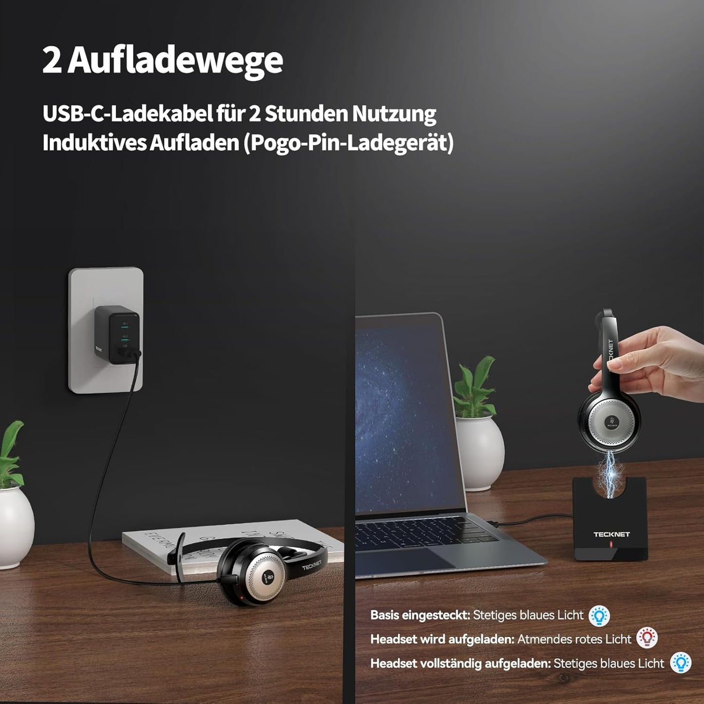 Bluetooth-Headset mit Mikrofon & USB Dongle, Bluetooth + USB Dongle + Ladestation schwarz