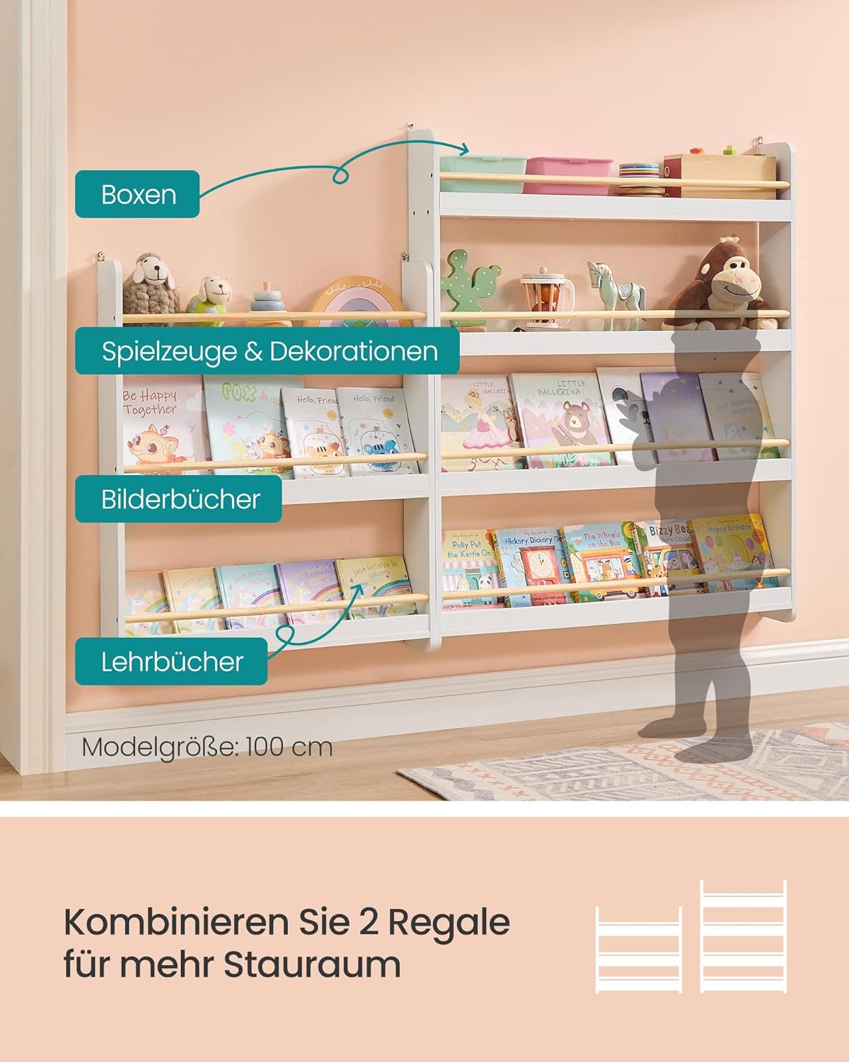 Bücherregal mit 3 Ebenen, Weiss + Naturfarben 3 Ebenen (60 cm)